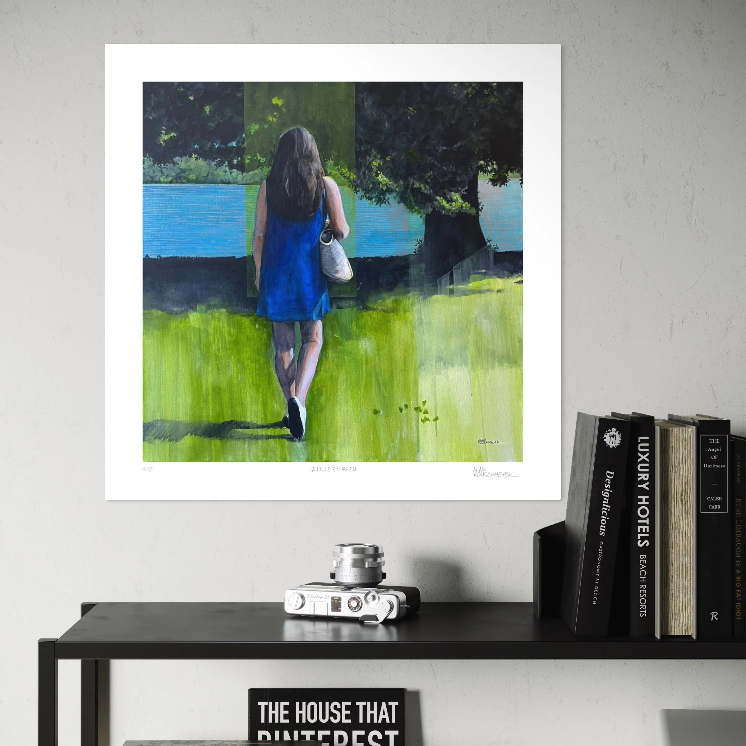 LA FILLE EN BLEU Fine Art Print by Alain Rouschmeyer displayed in a modern interior
