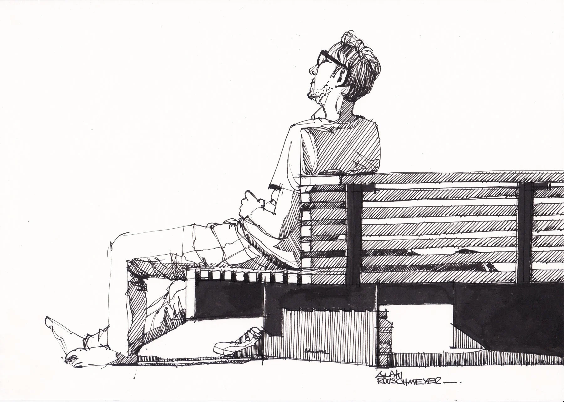 Pause urbaine-un croquis à la plume réalisé par l'artiste figuratif contemporain Alain Rouschmeyer