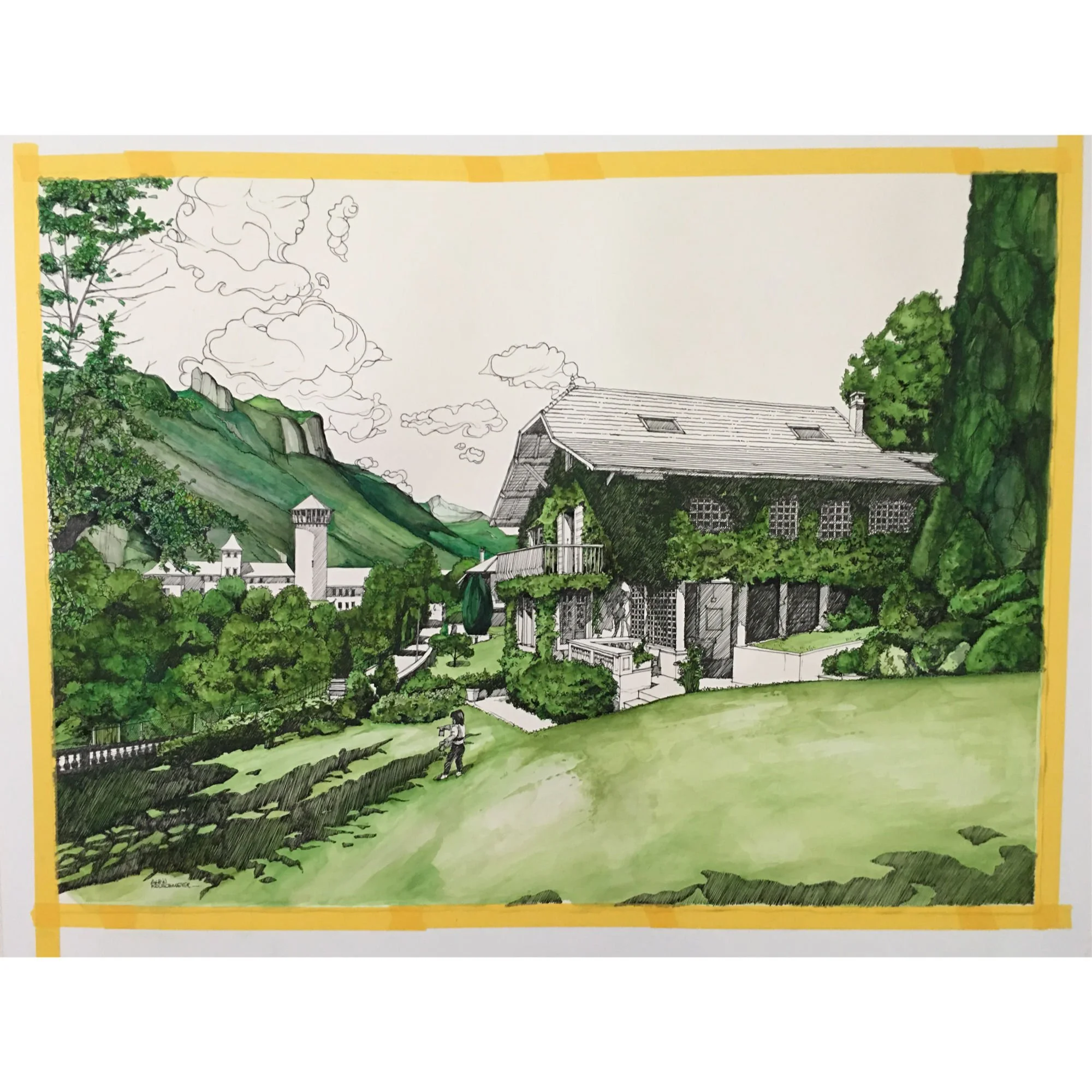Completed commissioned artwork depicting a family home, created in ink and watercolor by Alain Rouschmeyer.