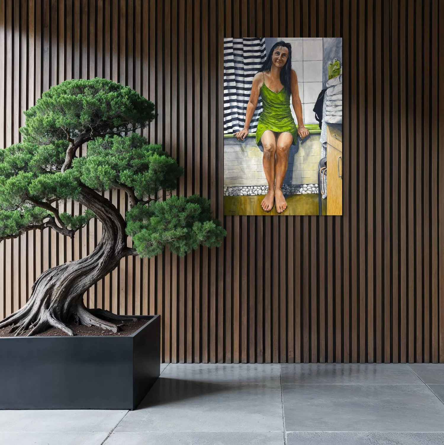 LA FILLE EN NUISETTE VERTE dans un décor particulier - une oeuvre de Alain Rouschmeyer