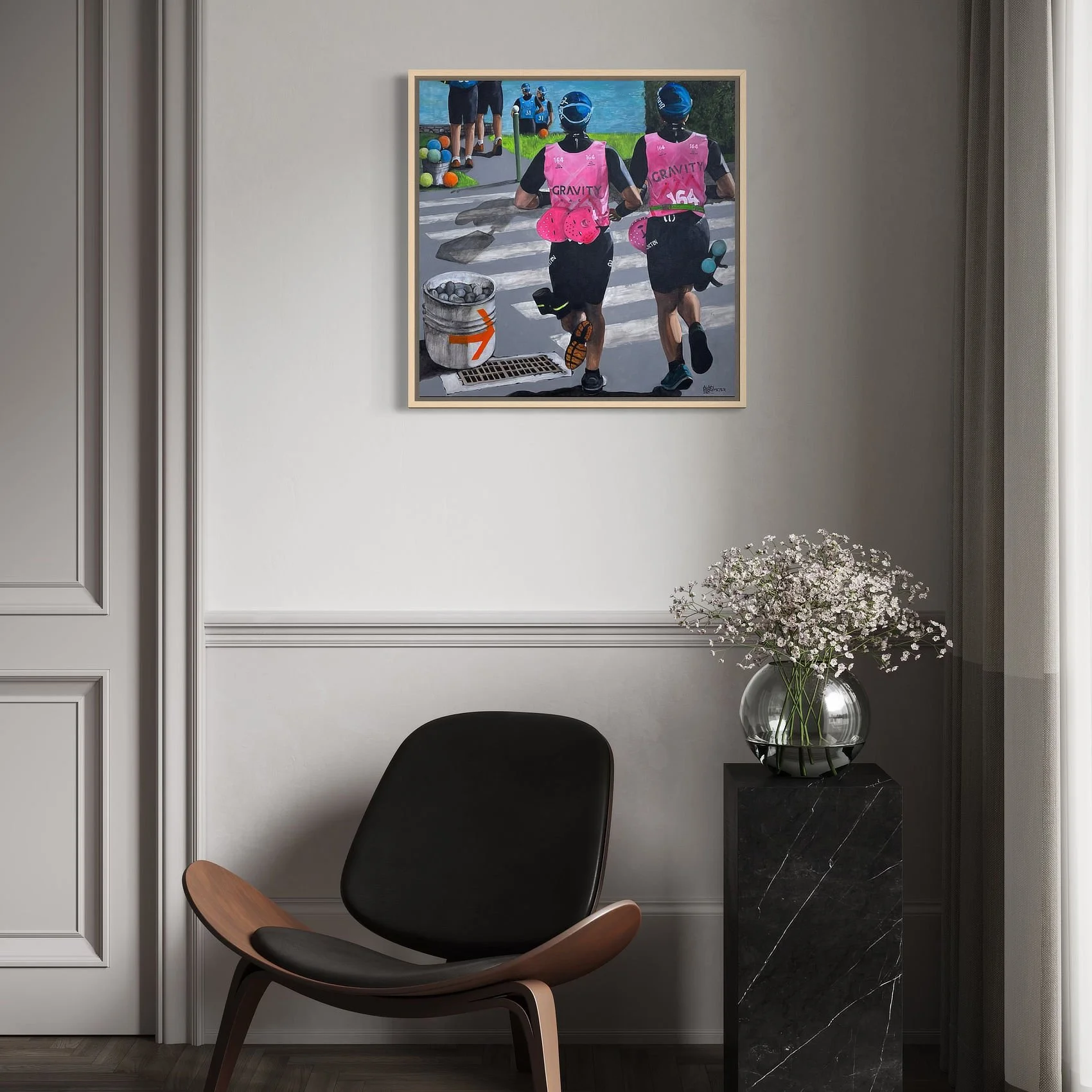 Le Parcours Fléché, tableau 70 × 70 cm encadré dans un intérieur contemporain, Alain Rouschmeyer / framed 70 × 70 cm painting displayed in a contemporary interior
