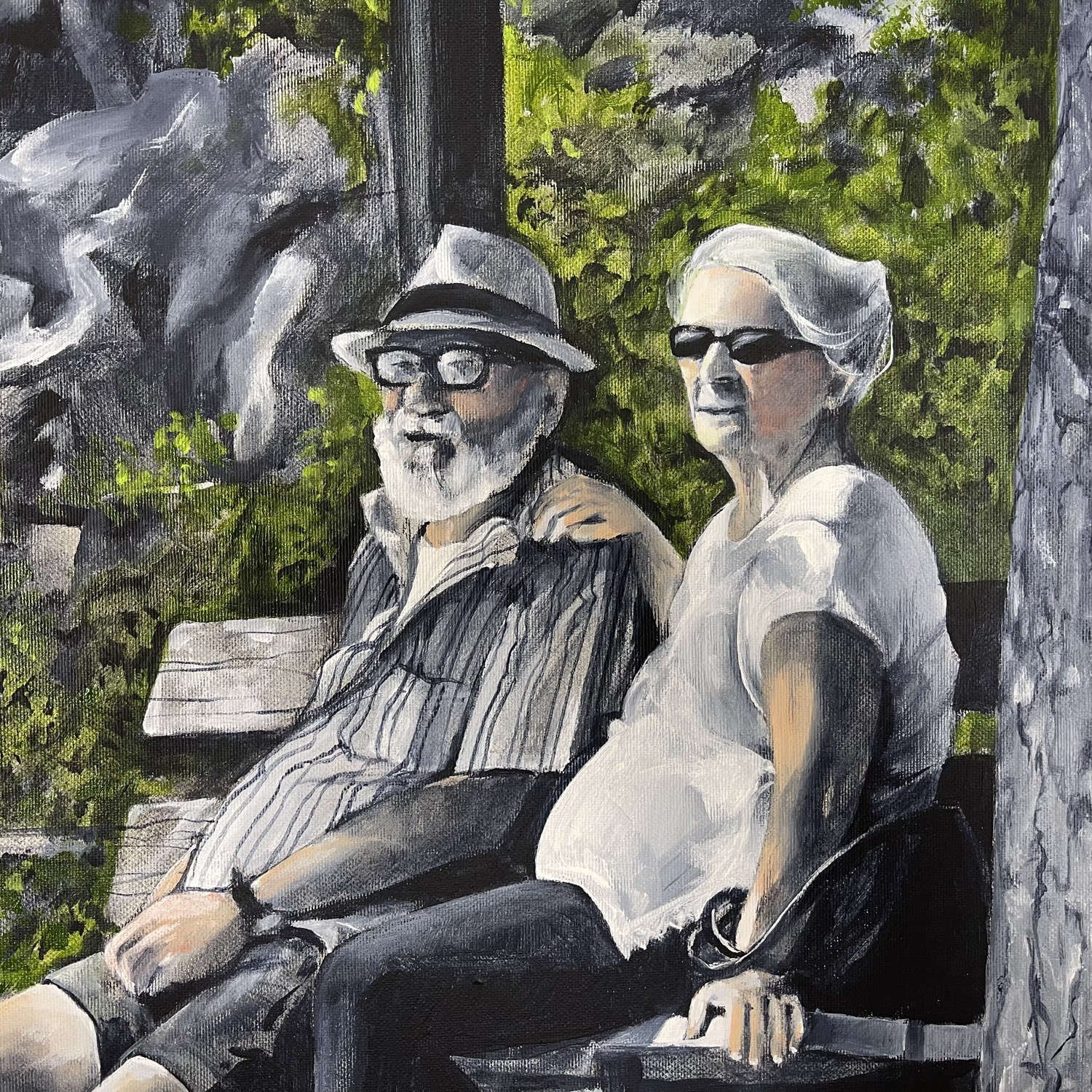 Scène de vie quotidienne dans un parc peinte par un artiste figuratif contemporain - Alain Rouschmeyer