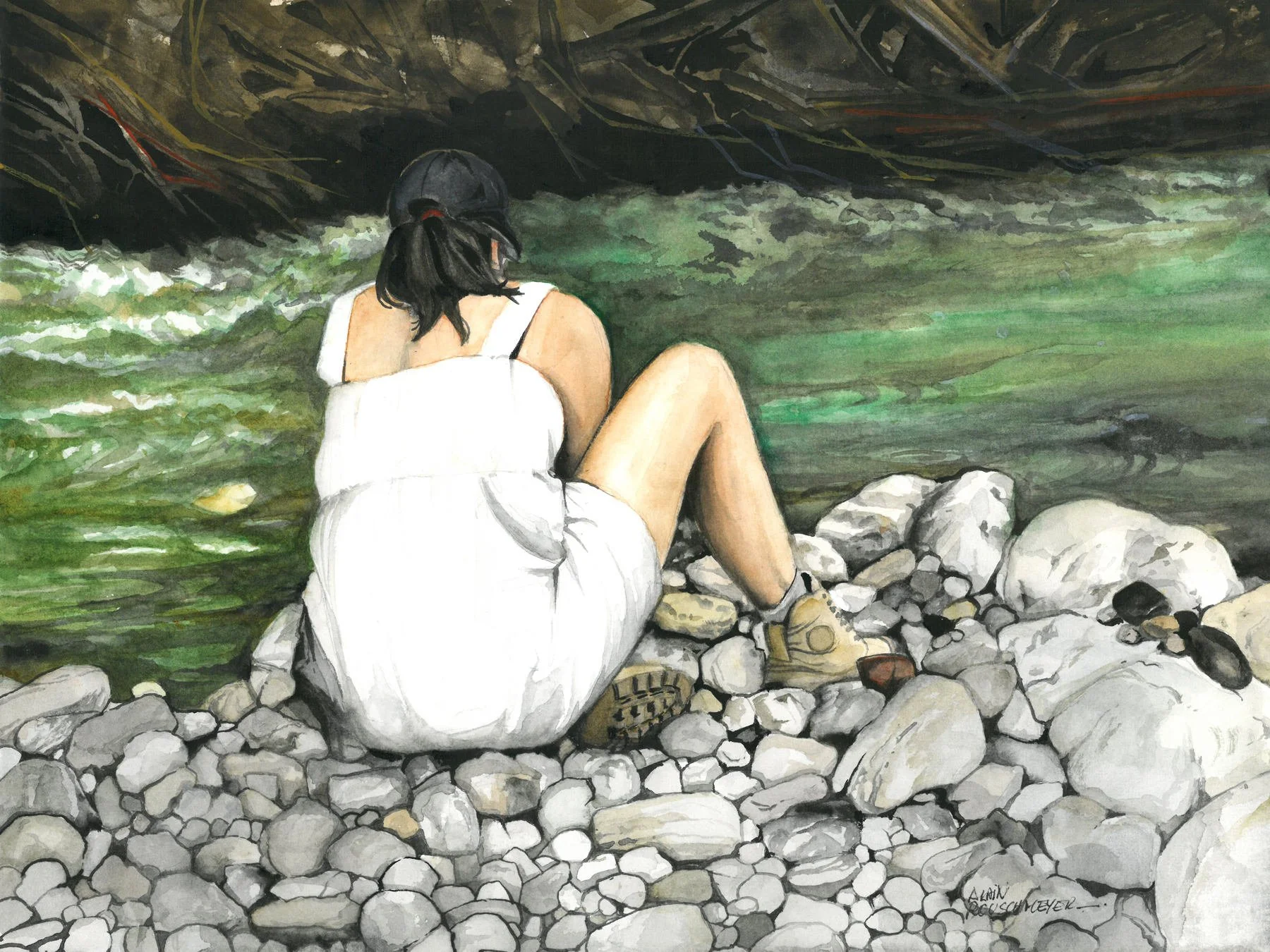 Détail de l'aquarelle 30 x 40 cm intitulée Jour d'été au bord de la rivière par l'artiste peintre figuratif Alain Rouschmeyer