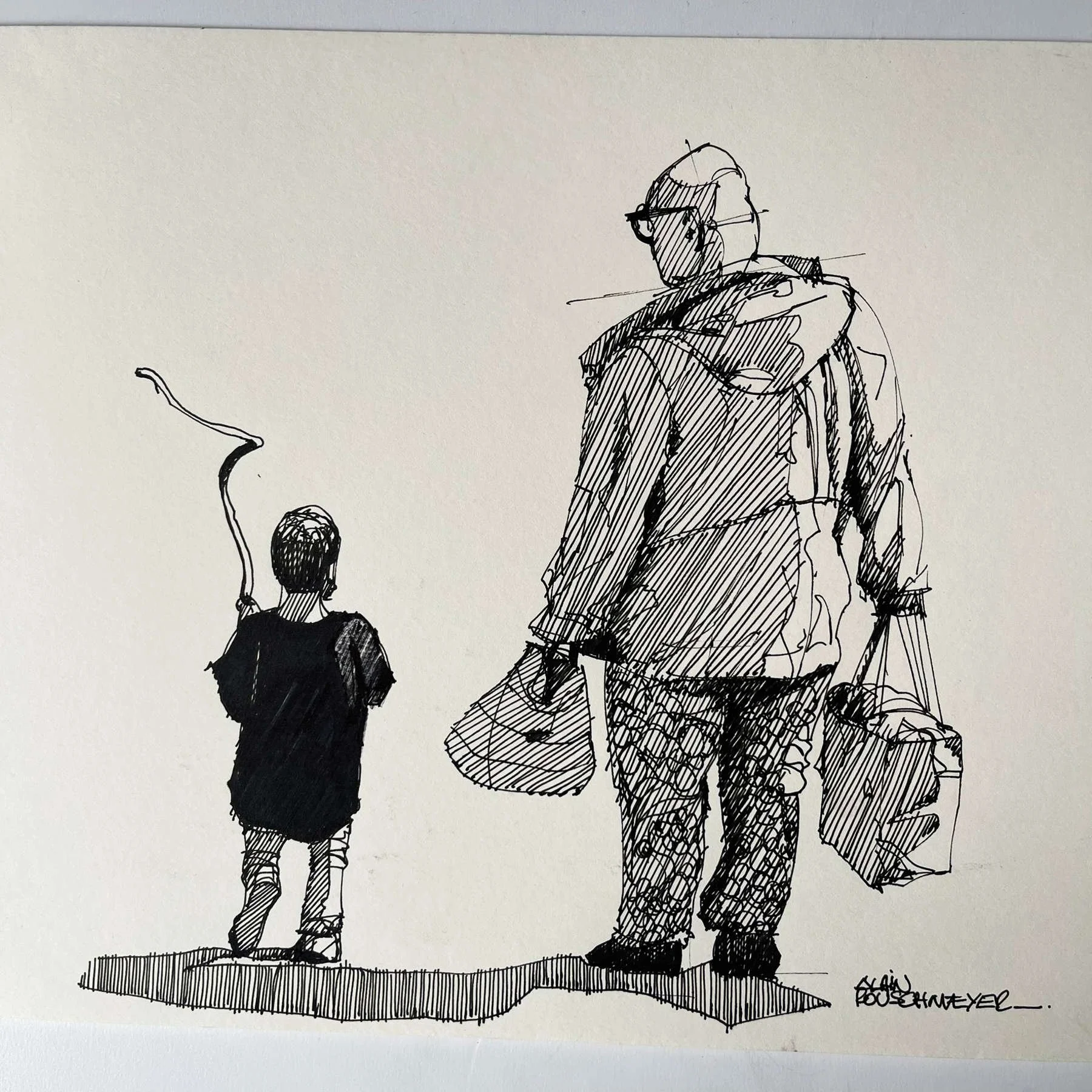 Photo du croquis Week end papa, réalisé à la plume pour illustrer un instant de complicité par l'artiste figuratif contemporain Alain Rouschmeyer