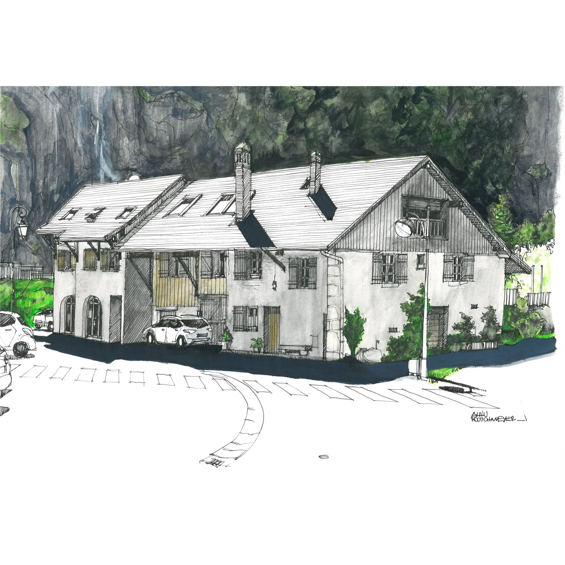 Pen and watercolour drawing "House Near La Dalle de Duingt", 29 × 42 cm, by artist Alain Rouschmeyer.