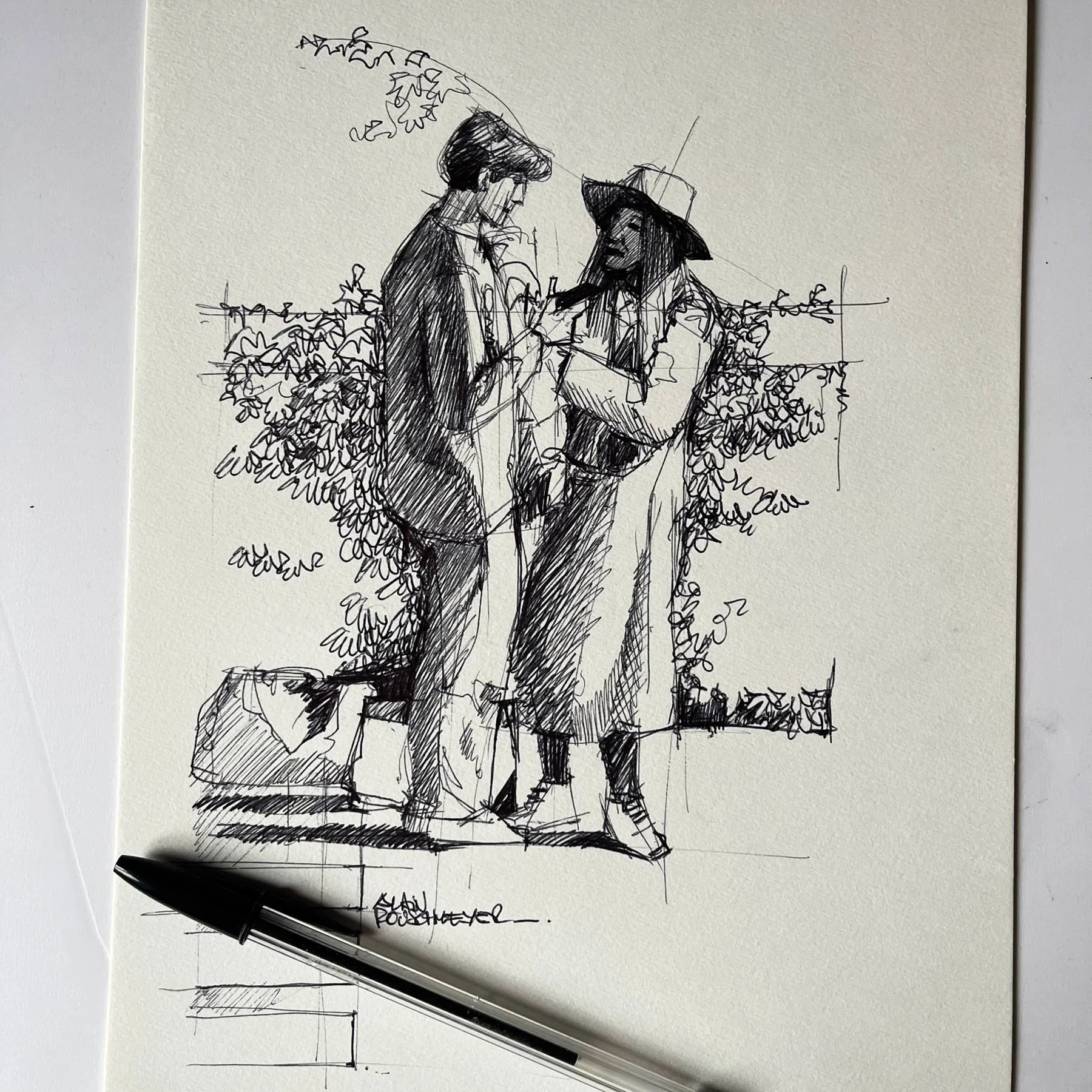 Photo du croquis Pierre et Josepha sur le thème de l'arrêt de bus par l'artiste figuratif contemporain Alain Rouschmeyer