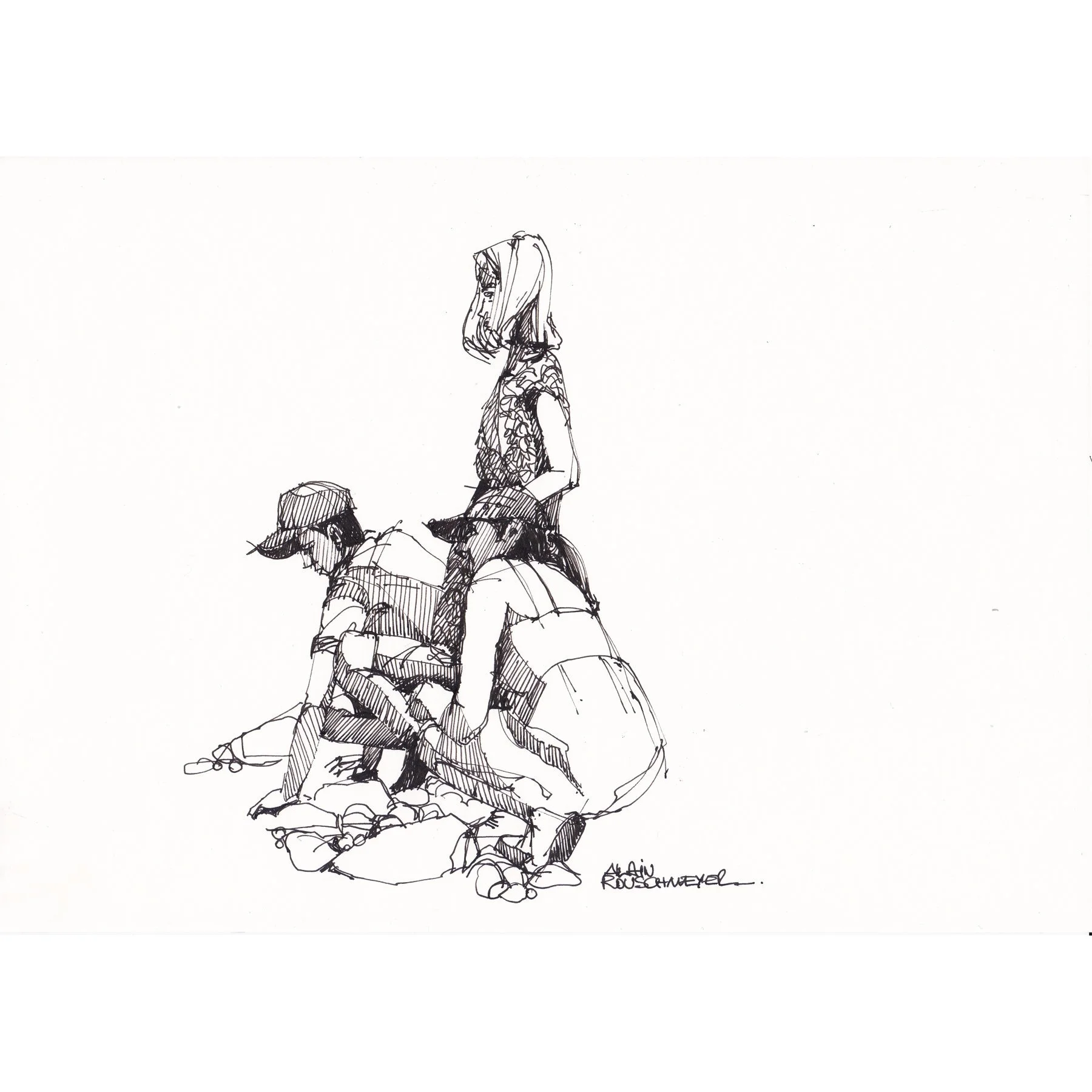 Ricochets, un croquis à la plume pour illustrer les postures d'un jeu familial par l'artiste figuratif contemporain Alain Rouschmeyer