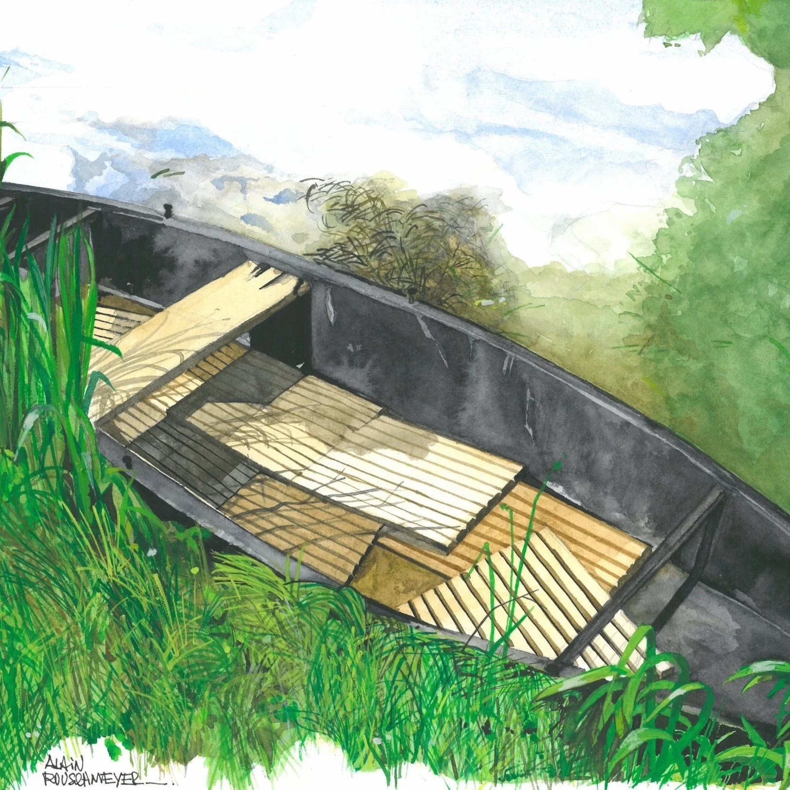 aquarelle d'après croquis réalisé sur le motif, marais de Bourges par Alain Rouschmeyer