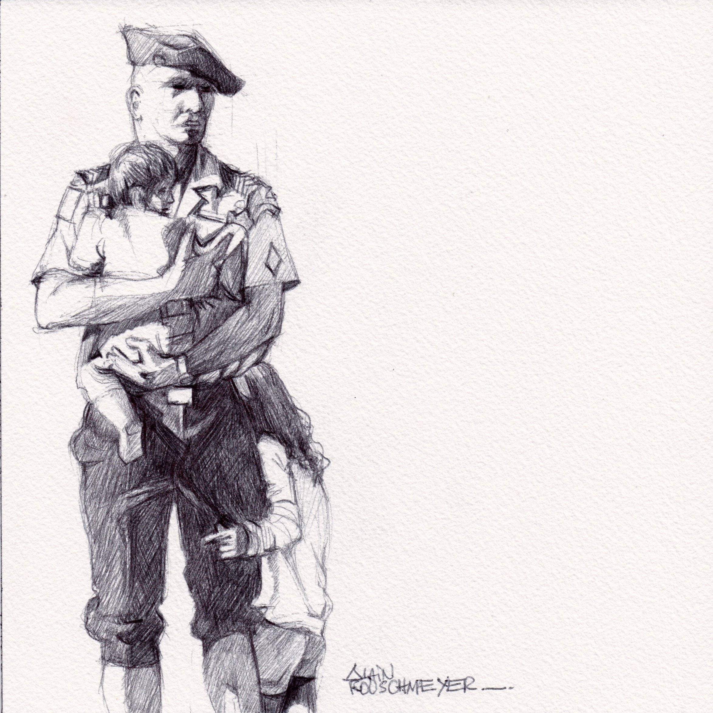 LE MILITAIRE ET LES ENFANTS (The Soldier and the Children) – 20 x 20 cm