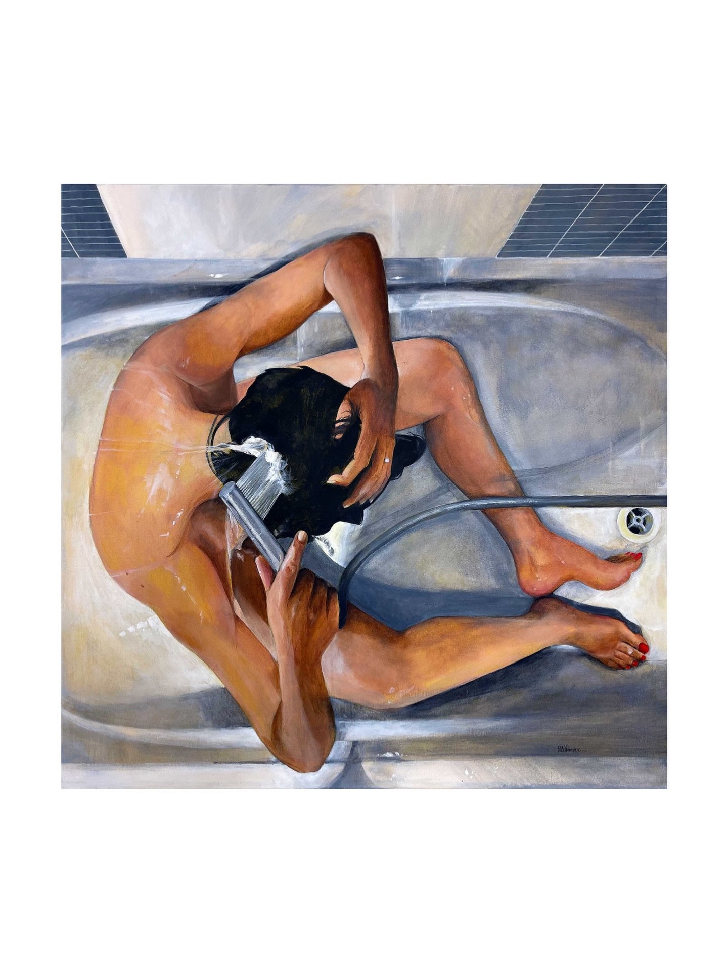 LA FILLE AU LEVER DU JOUR - 100 x 100 cm #art #artfiguratifcontemporain #artoftheday #posture #alainrouschmeyer