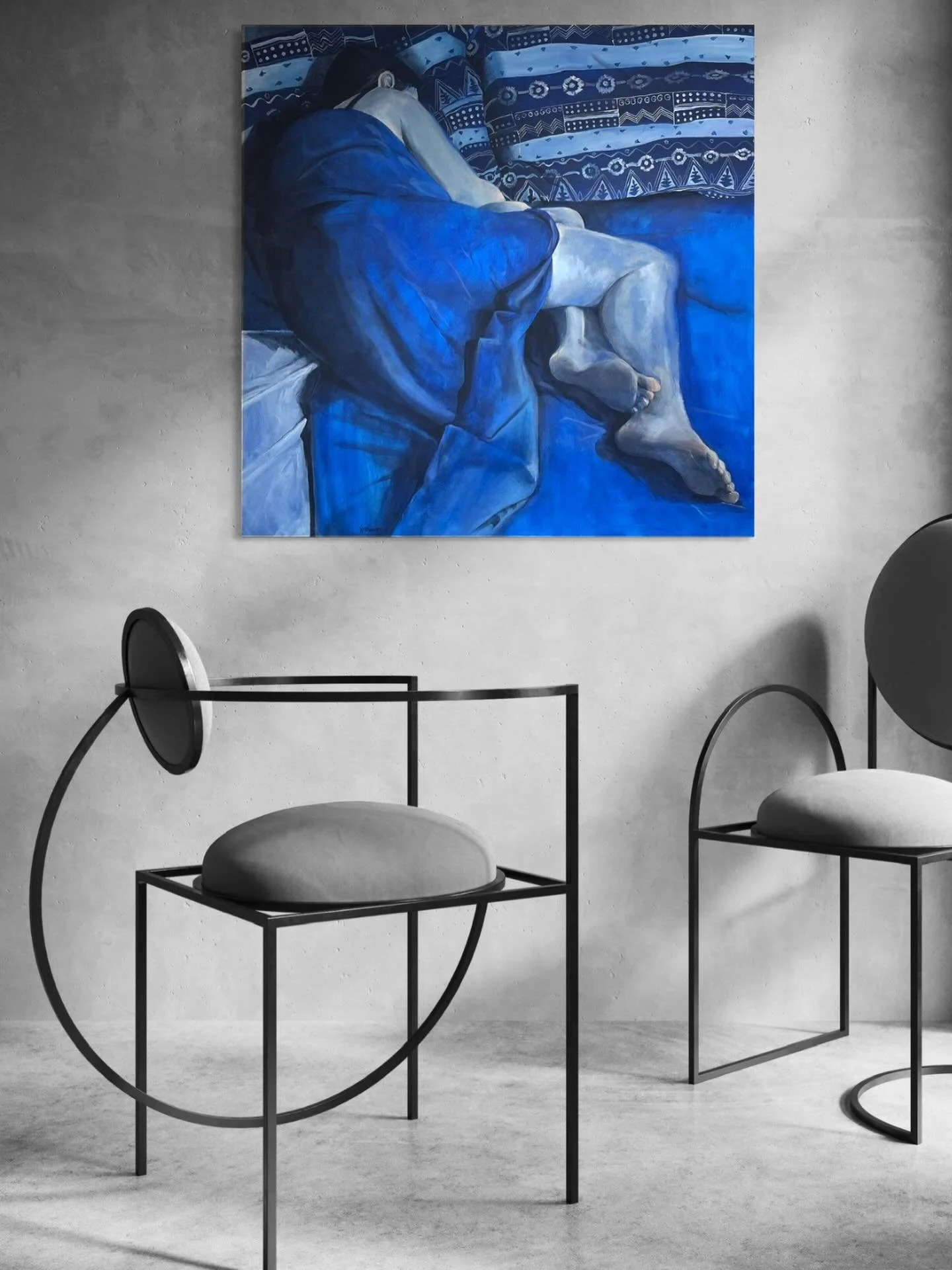 La posture devient pr&eacute;sence - La Fille dans les draps bleus, acrylique sur toile 100 x 100 cm - Oeuvre originale disponible via le lien en bio #figurativepaintings #contemporaryfigurativeart #fineartpainting #artcollector #interiorart