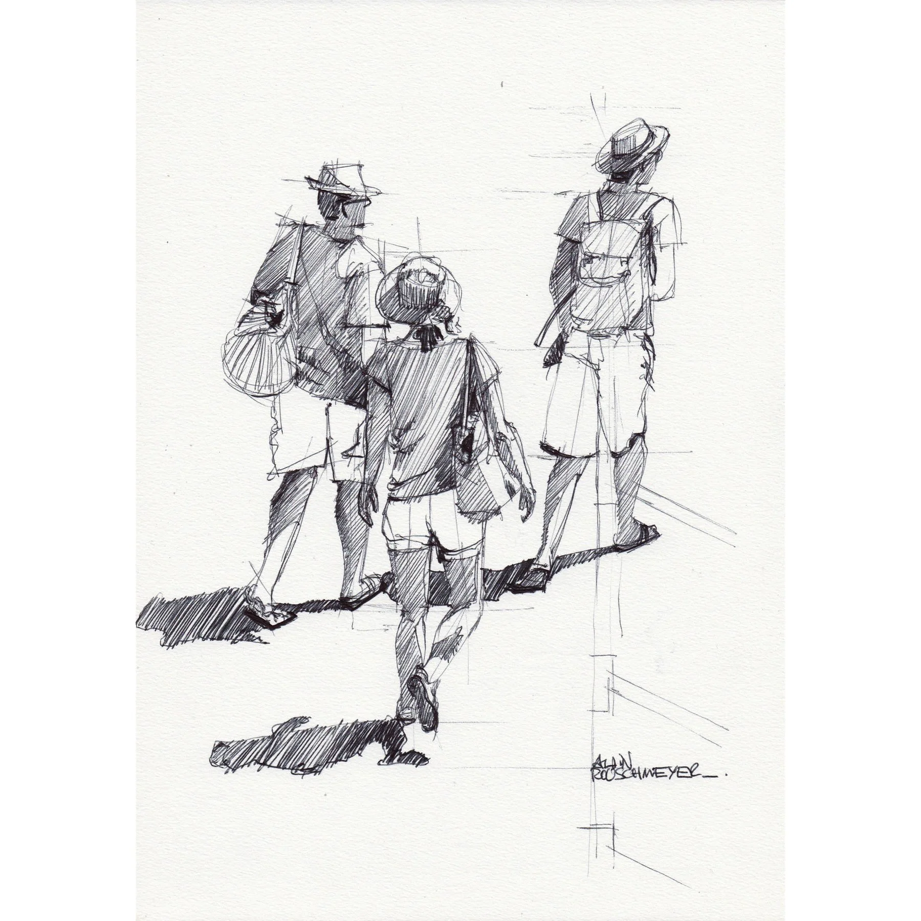 Zone bleue-le croquis au bic noir qui illustre la posture familiale et estivale de trois personnes par l'artiste figuratif contemporain Alain Rouschmeyer