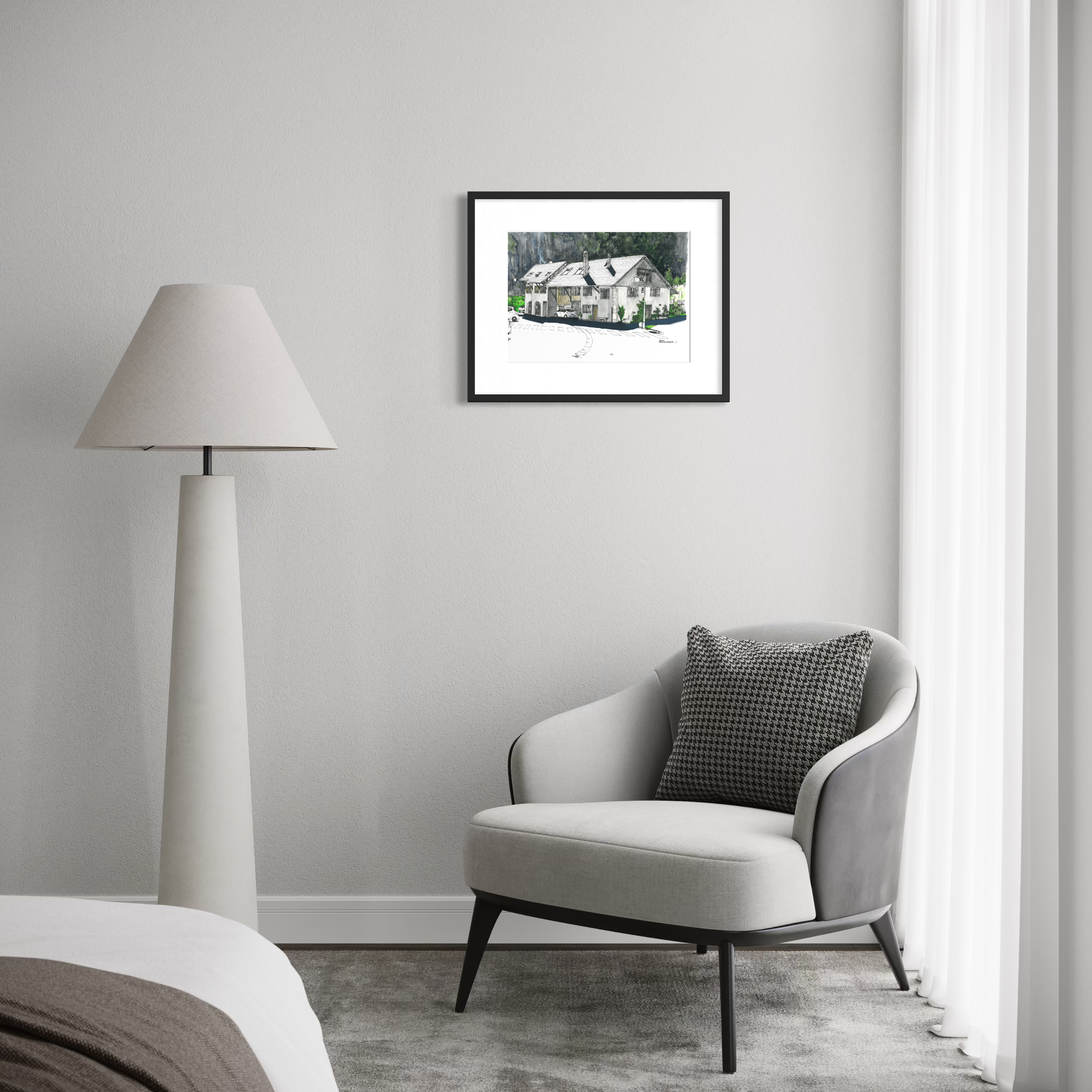"House Near La Dalle de Duingt", framed artwork by Alain Rouschmeyer.