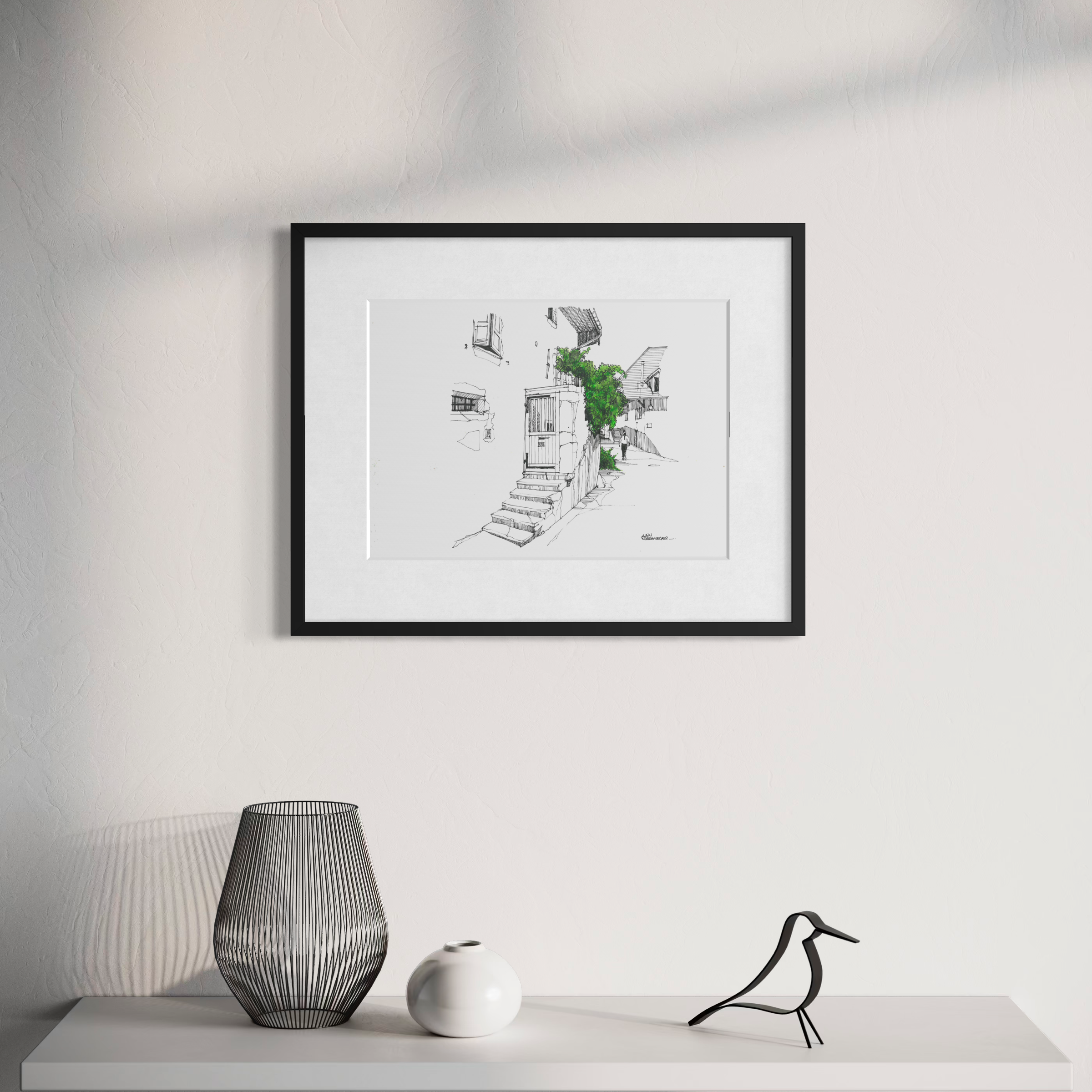 "Duingt at No. 330" displayed with a white mat and black frame, showcasing the artwork in an elegant presentation. Artwork by Alain Rouschmeyer.