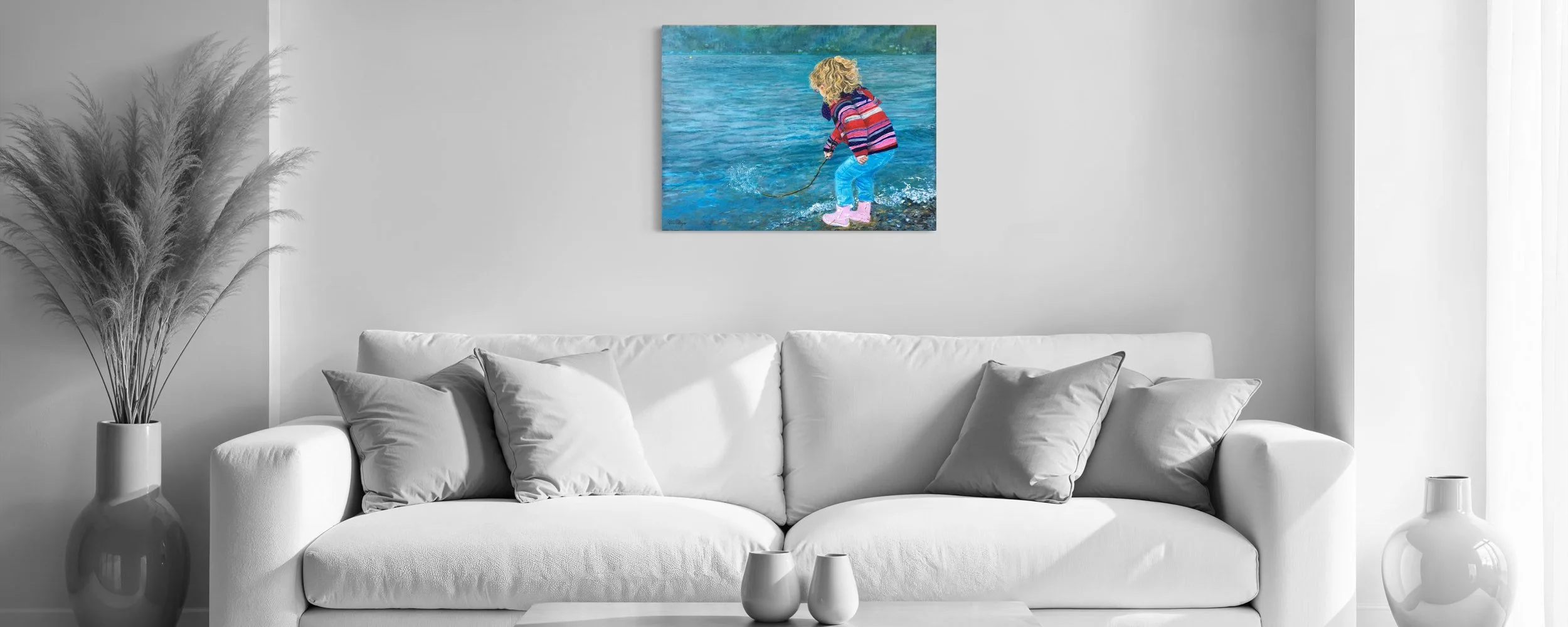 Oeuvre impressionniste de 60 x 80 cm qui présente une petite fille qui joue au bord de l'eau - oeuvre de Camille Rouschmeyer