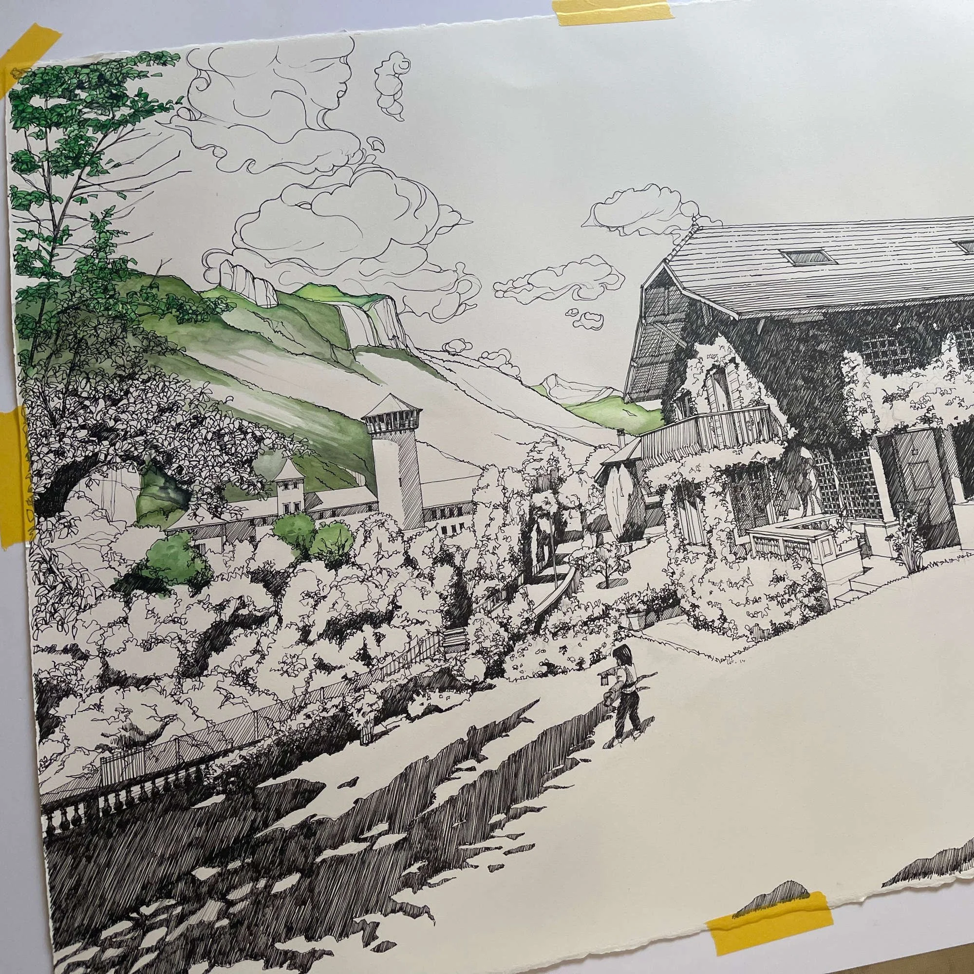 Work in progress showing the development of an original pen and watercolor commission.