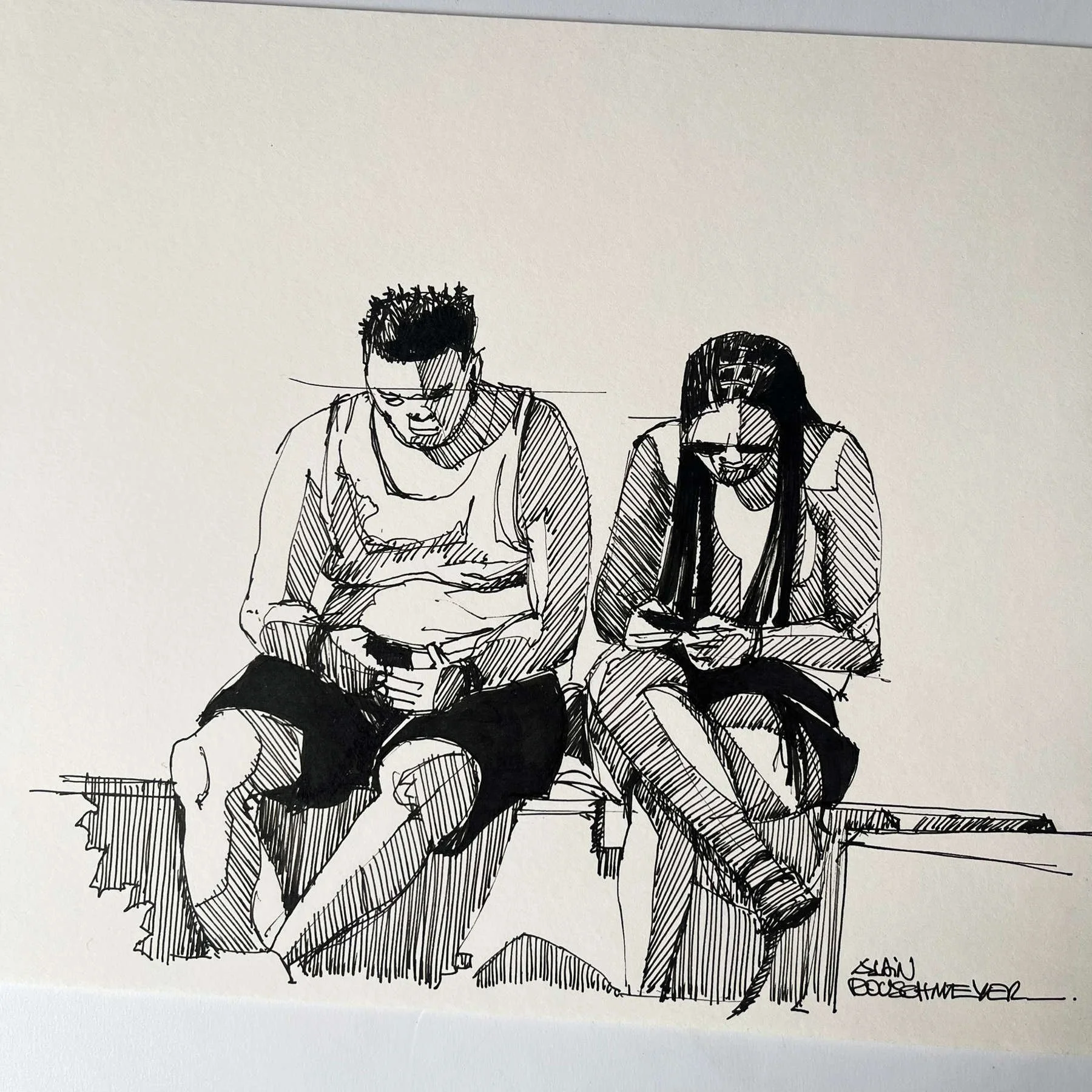 Photo du croquis Smart and phone-un couple plongé dans l'univers numérique de leurs portables par l'artiste Alain Rouschmeyer