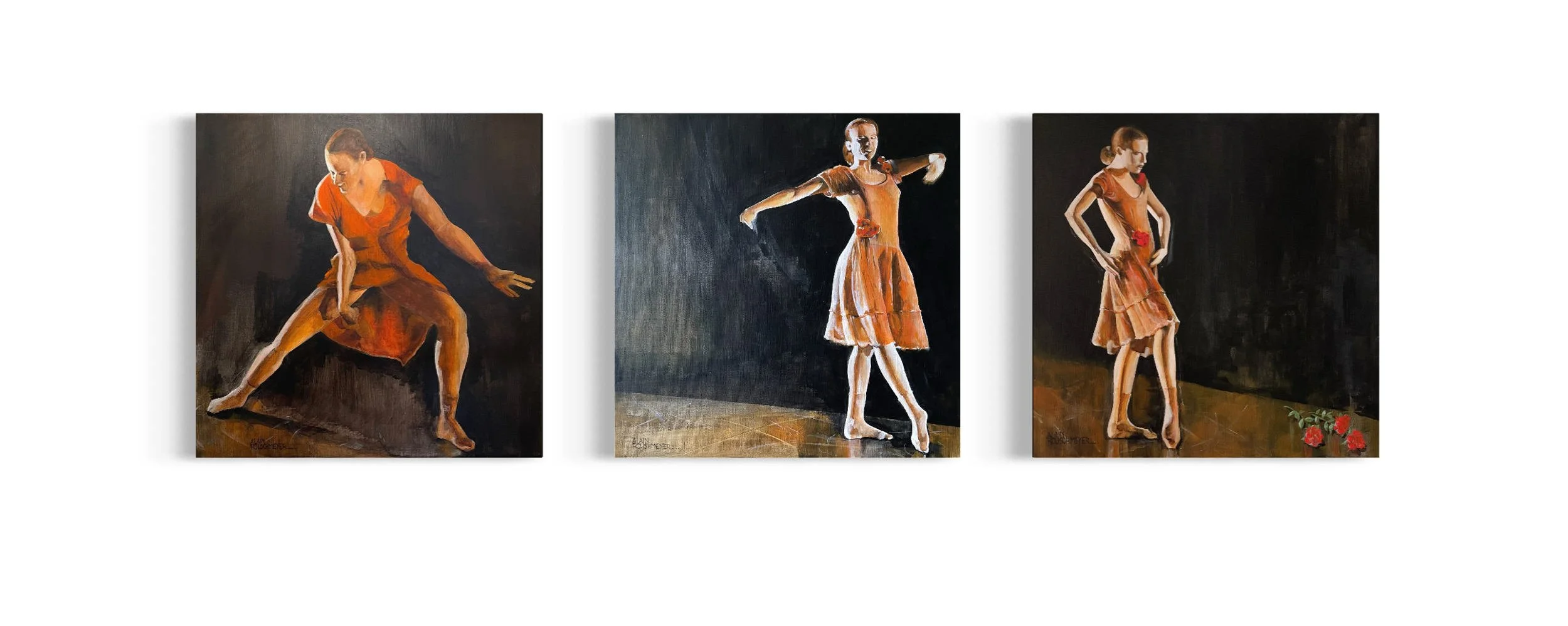 un triptyque original et unique de trois oeuvres figuratives contemporaines de l'artiste Alain Rouschmeyer