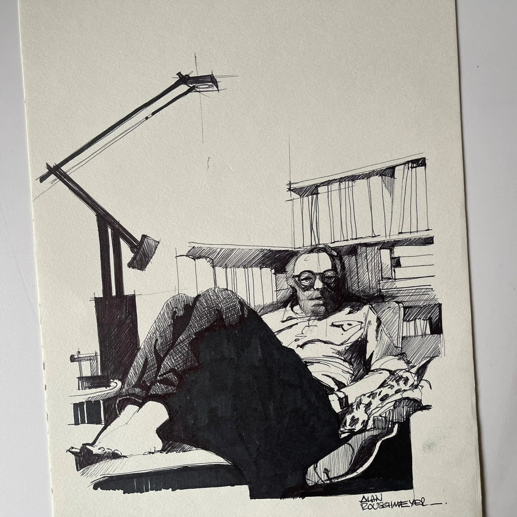 Réflexion de l'artiste-un croquis bic noir et encre pour une posture en autoportrait de l'artiste Alain Rouschmeyer