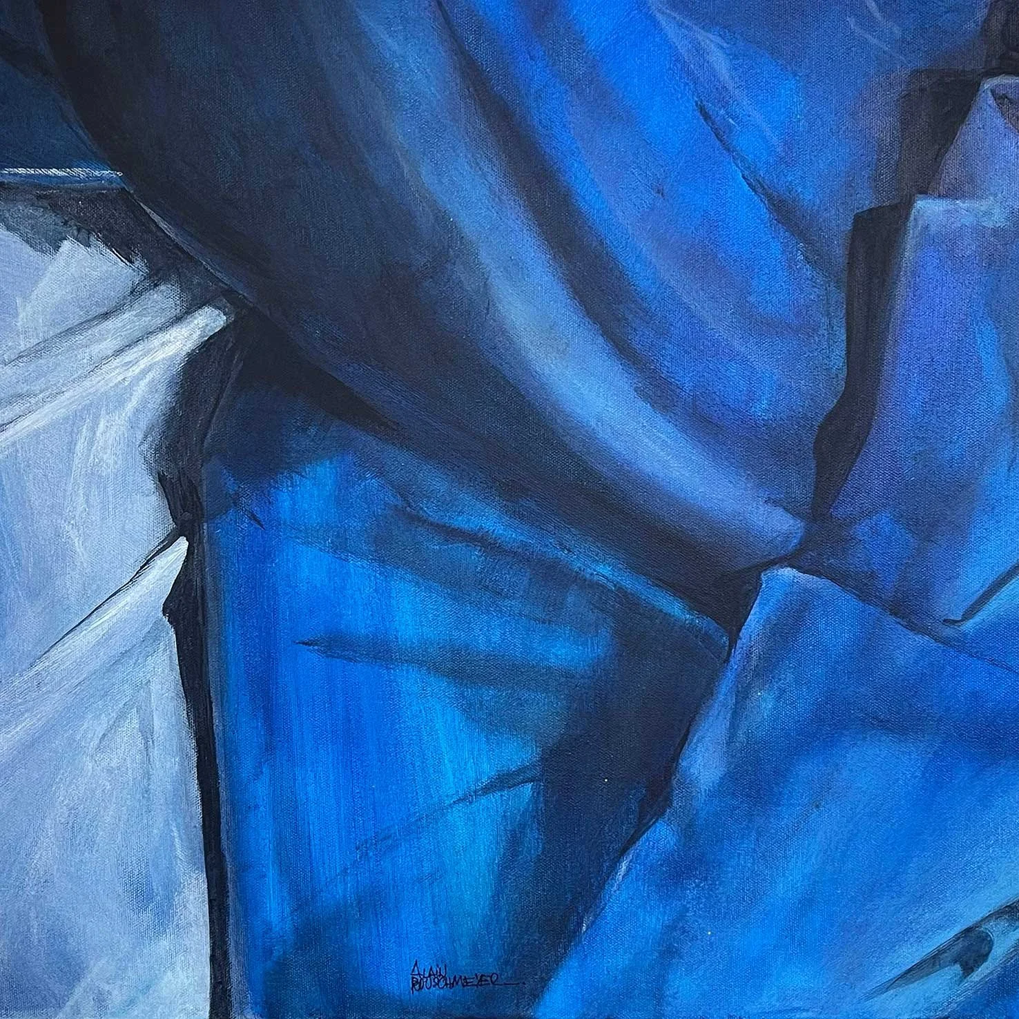 Détail de peinture figurative contemporaine, posture et espace – Alain Rouschmeyer