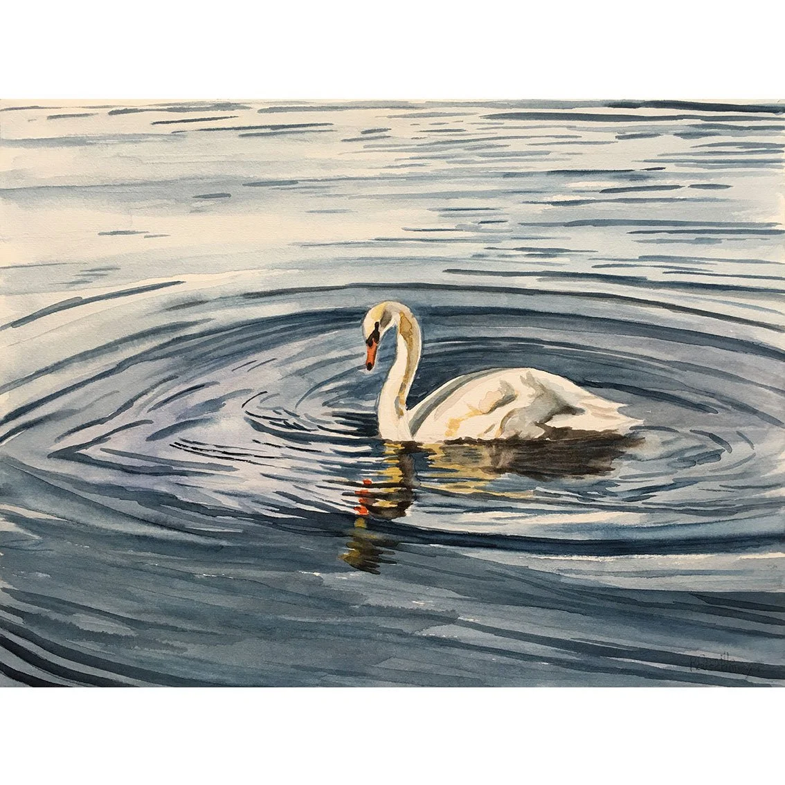 UN CYGNE SUR LE LAC, animal watercaler by the impressionist painter Camille Rouschmeyer