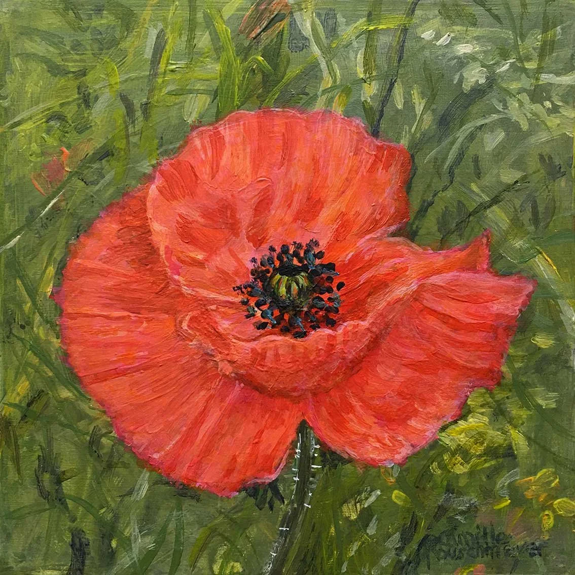 Petit tableau impressionniste COQUELICOT DANS UN CHAMP de Camille Rouschmeyer
