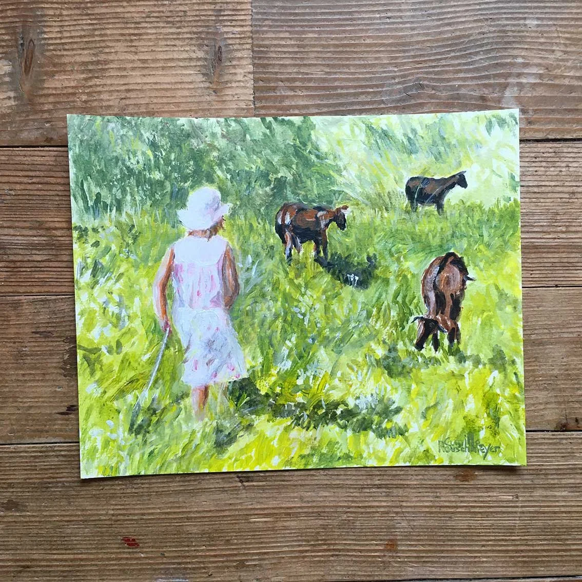 Peinture originale et unique intitulée L’ENFANT ET LES CHÈVRES, par Camille Rouschmeyer