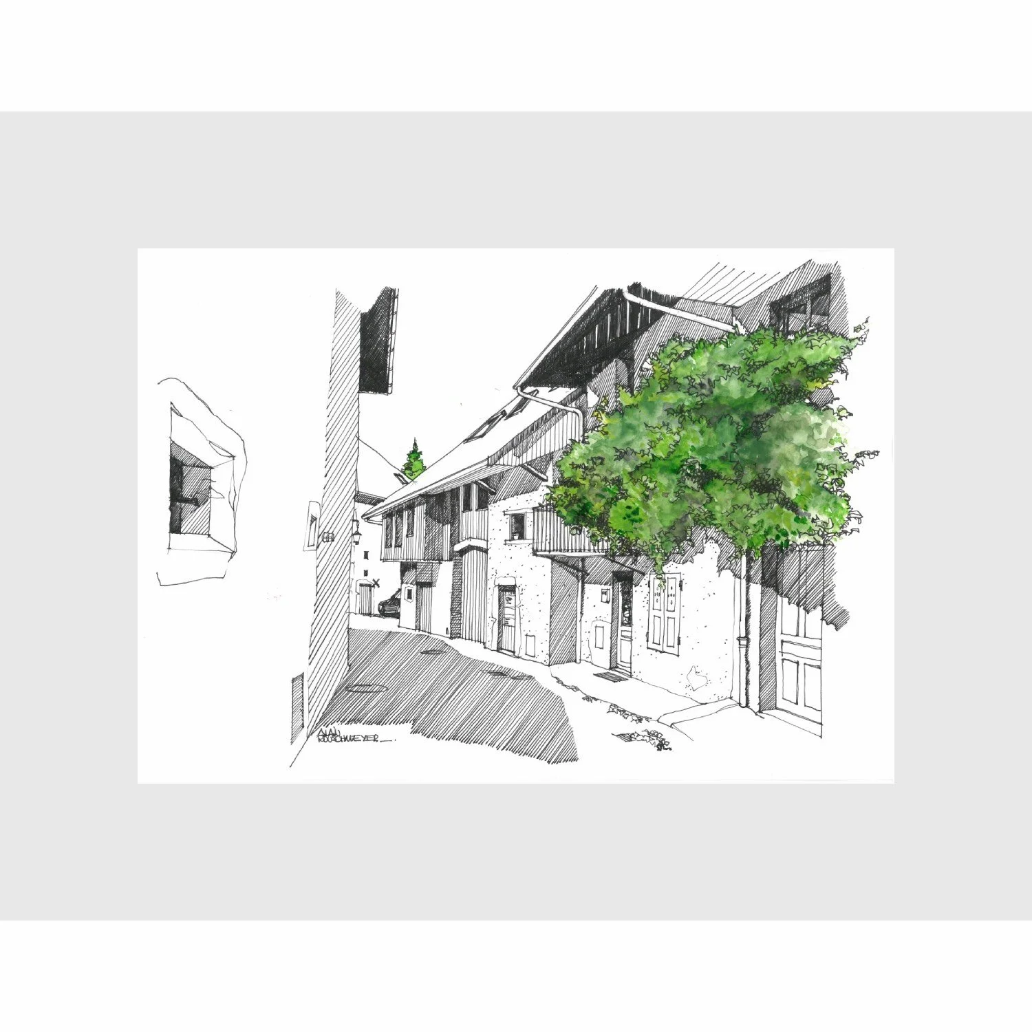 An original sketch with watercolor for "Duingt - village 1" from artist Alain Rouschmeyer