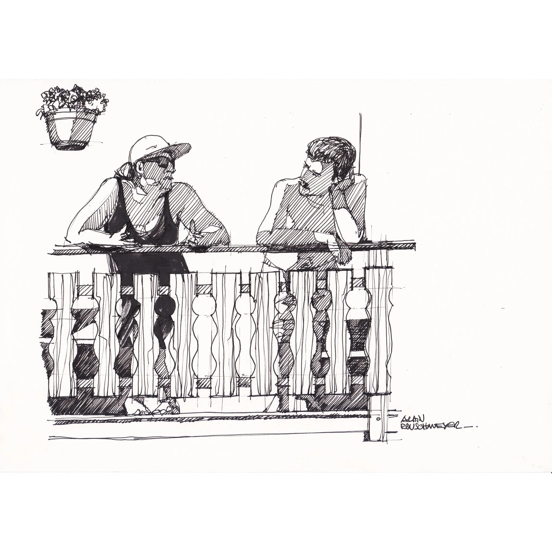 Conversation au balcon-Alain Rouschmeyer un croquis à la plume sur papier 220 gr