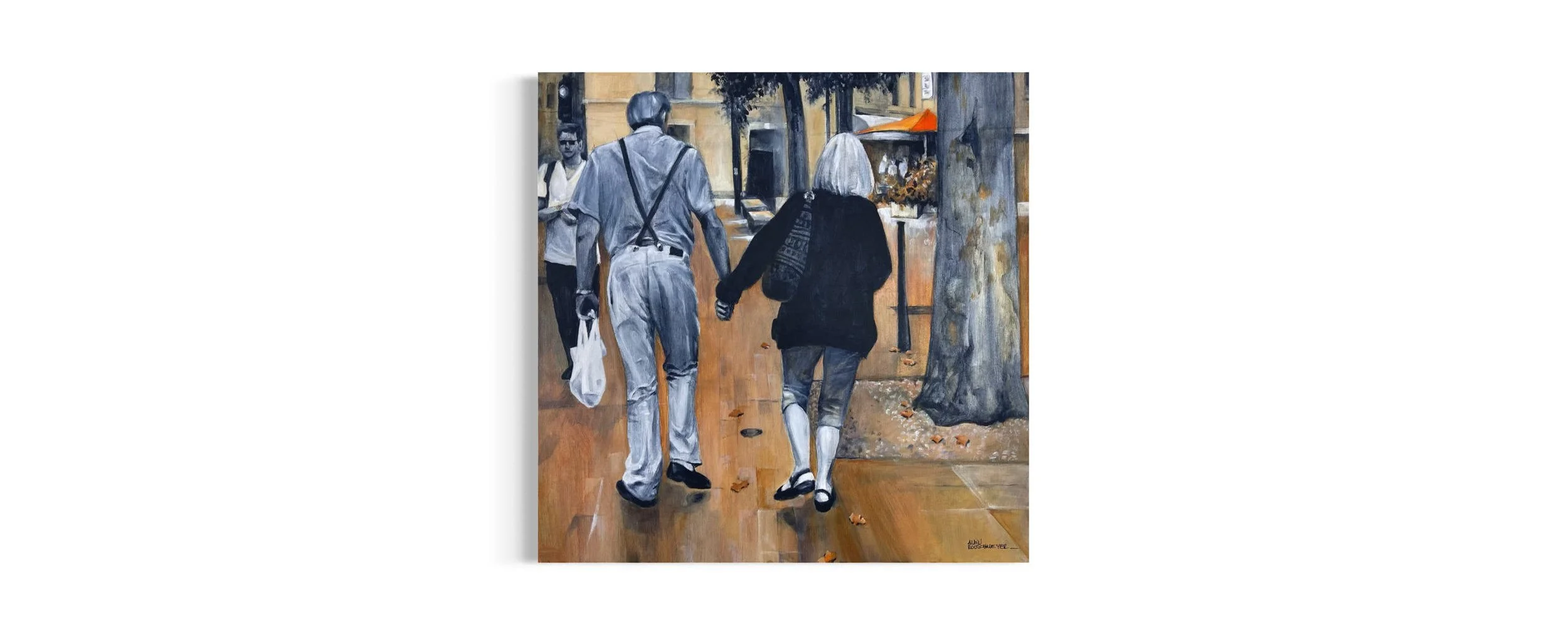 Les Amoureux de la Vieille Ville, contemporary figurative painting by Alain Rouschmeyer, couple in historic urban setting