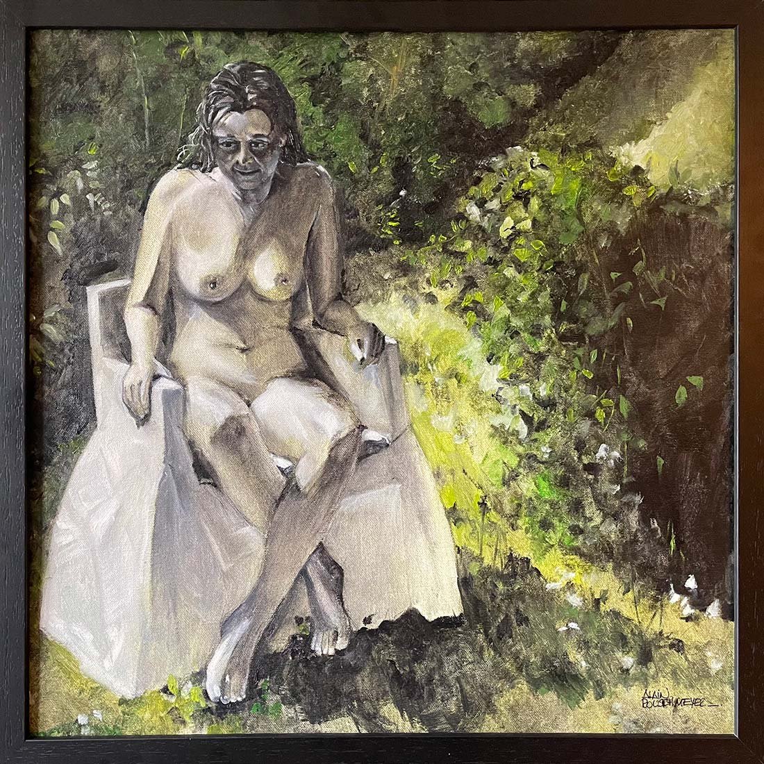 Le Fauteuil Blanc, au jardin by Alain Rouschmeyer – 50x50 cm oil on canvas showing white armchair in lush garden