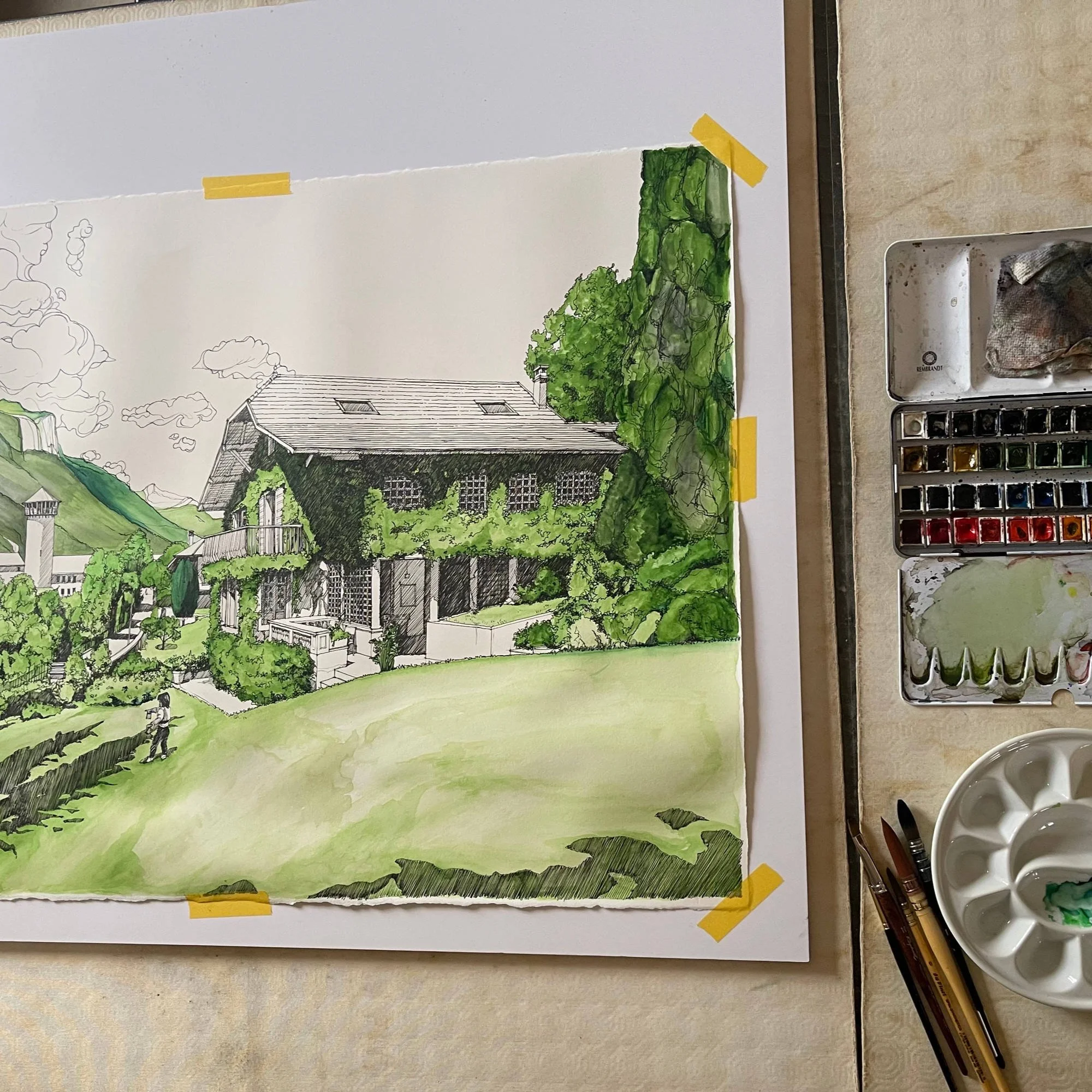 Artist's studio view of a custom ink and watercolor painting on 300 gsm Arches paper.