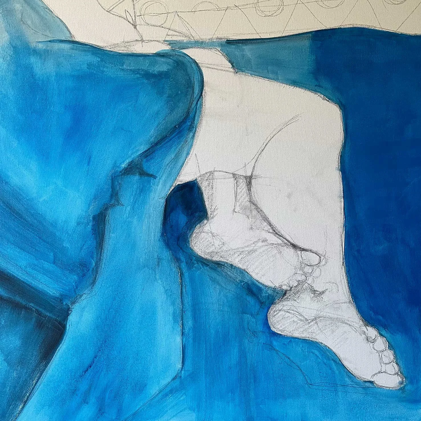 Peinture figurative contemporaine montrant un corps fragmenté où le dessin reste visible sous la couleur, œuvre d’Alain Rouschmeyer, artiste peintre figuratif