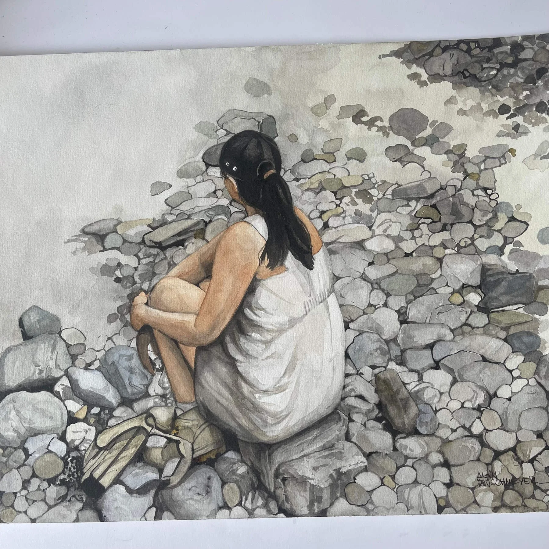 Une aquarelle originale et unique La pause de la randonneuse, 30 x 40 de l'artiste Alain Rouschmeyer