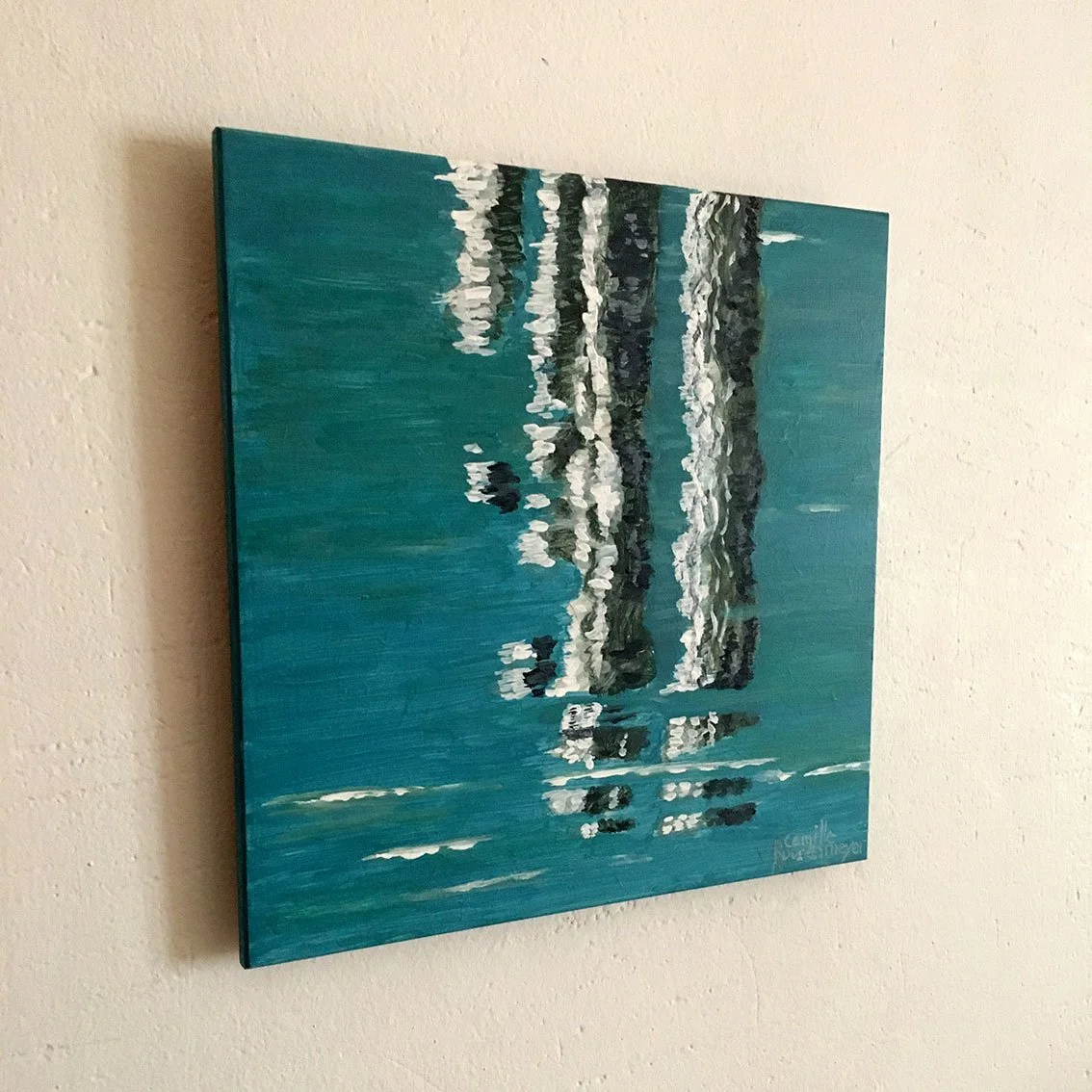 Oeuvre originale et unique intitulée LAC D’ANNECY, REFLET DES PIEUX, par Camille Rouschmeyer