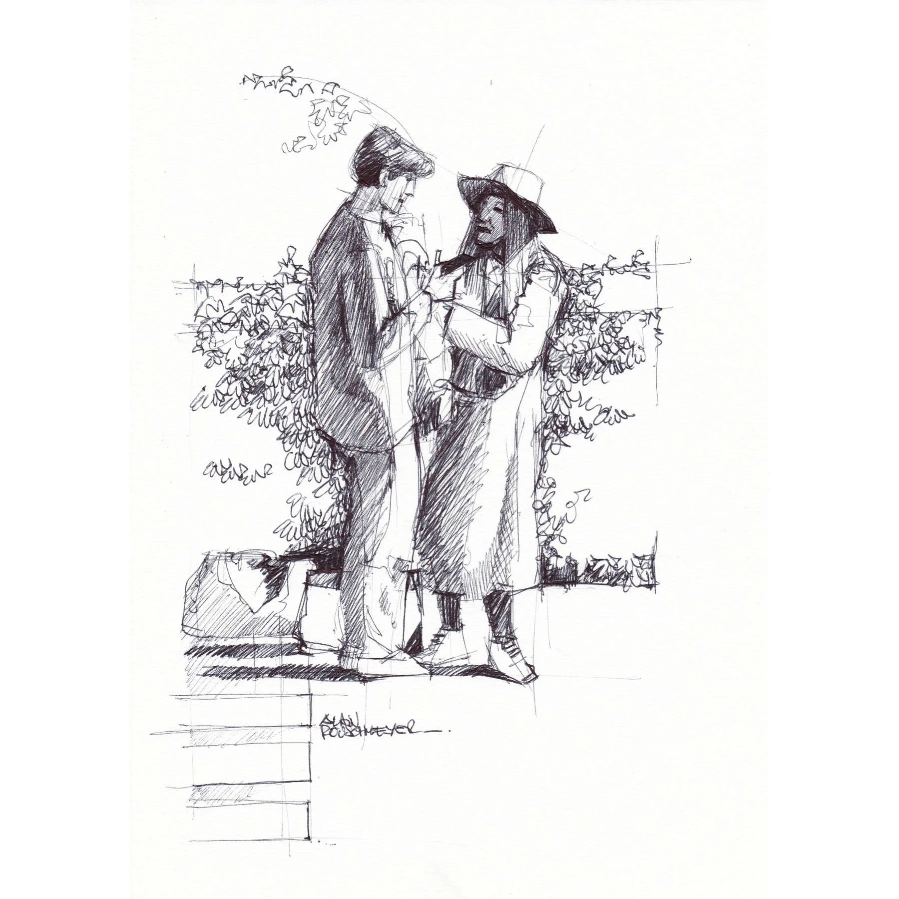 Pierre et Josepha, un croquis au bic noir qui présente le couple sur le thème de l'arrêt de car par l'artiste figuratif contemporain Alain Rouschmeyer