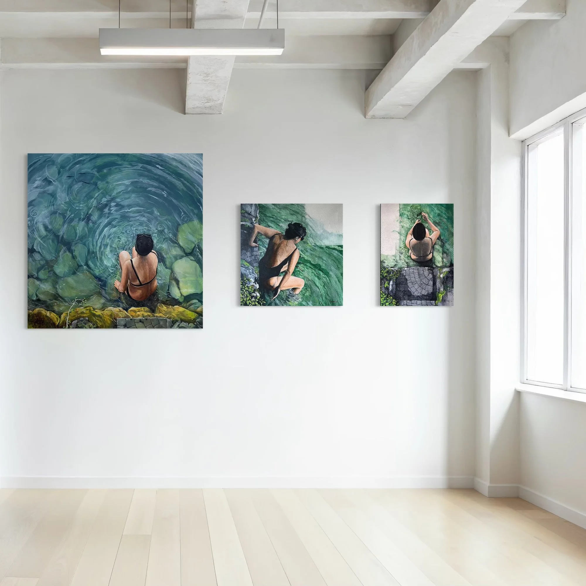 Une série de toiles dans la catégorie la fille et le lac, une collection de l'artiste figuratif contemporain Alain Rouschmeyer