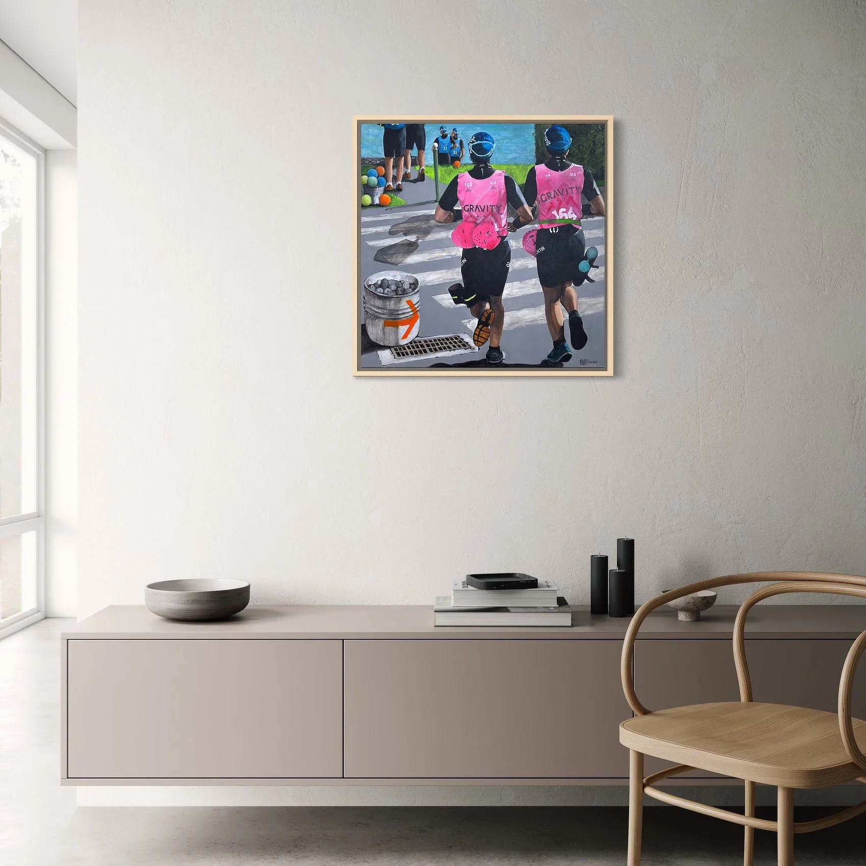Le Parcours Fléché, œuvre originale 70 × 70 cm encadrée en caisse américaine bois clair, Alain Rouschmeyer / original painting in a light wood floating frame