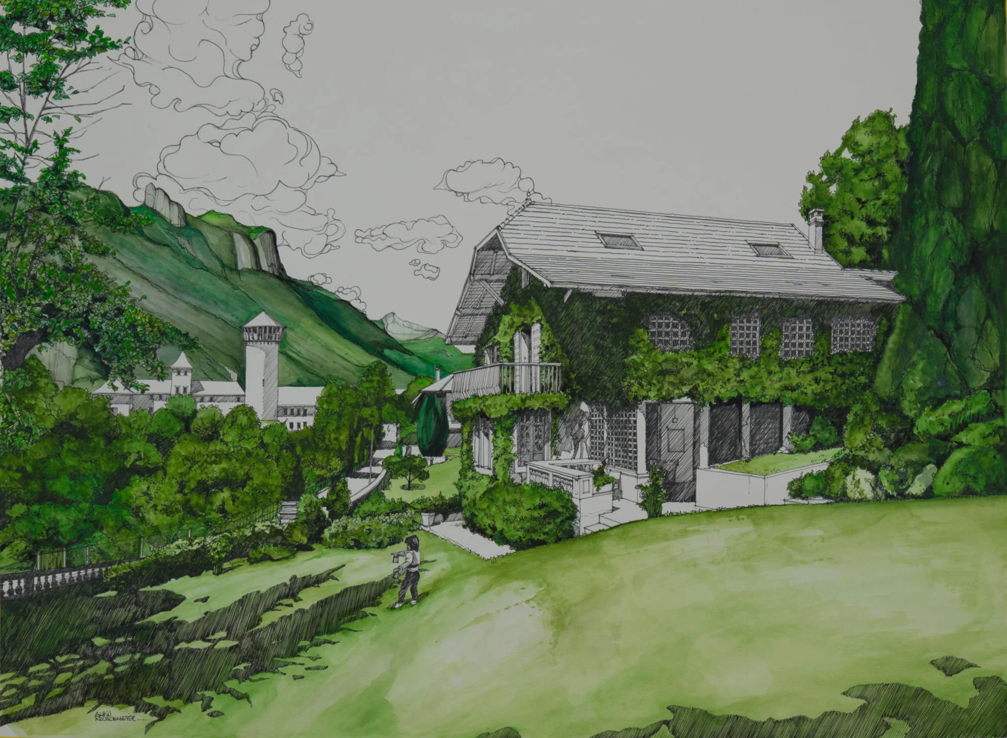 Commissioned artwork "The Family Home" in ink and watercolor, work in progress by Alain Rouschmeyer.