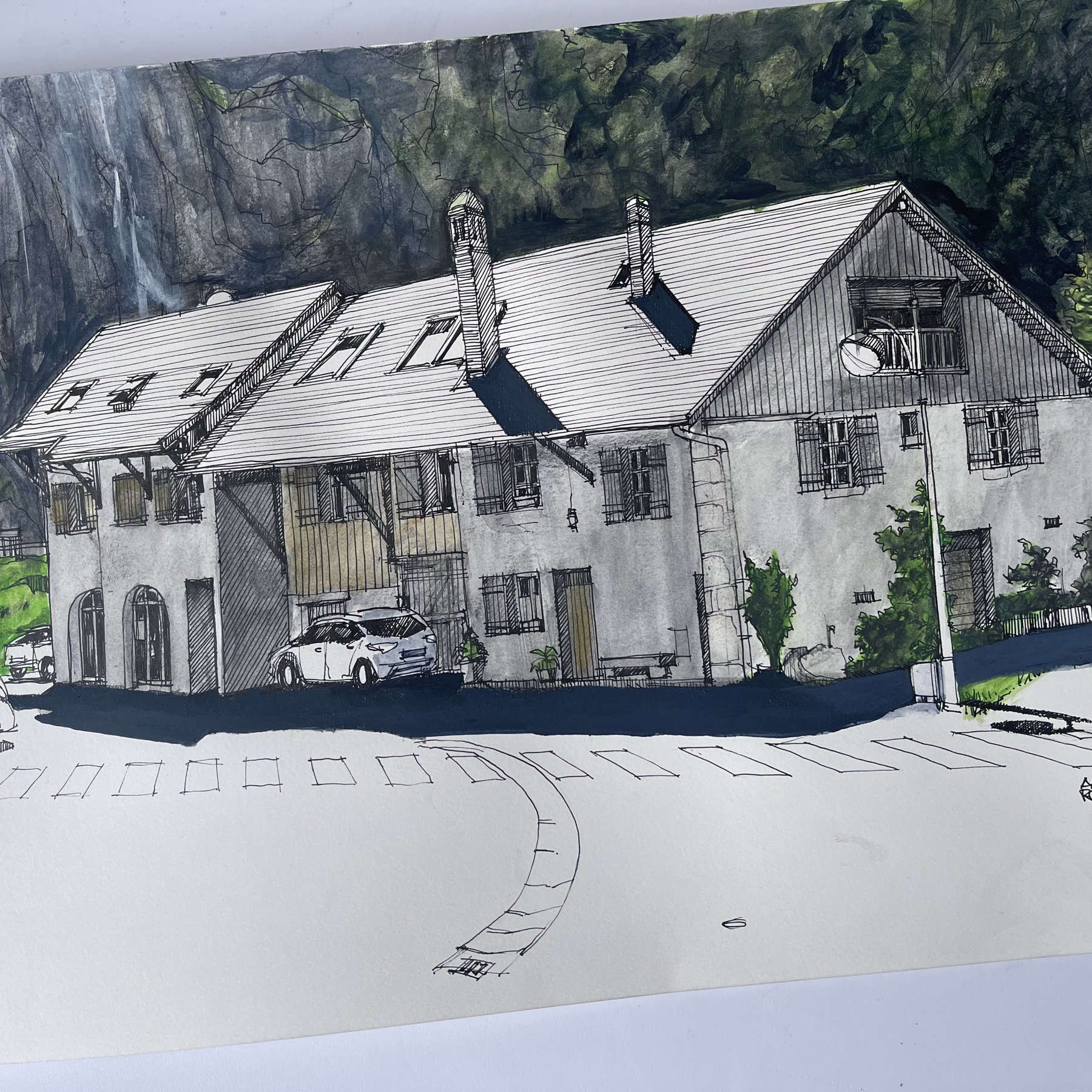 Photograph of "House Near La Dalle de Duingt", an original pen and watercolour drawing by Alain Rouschmeyer.
