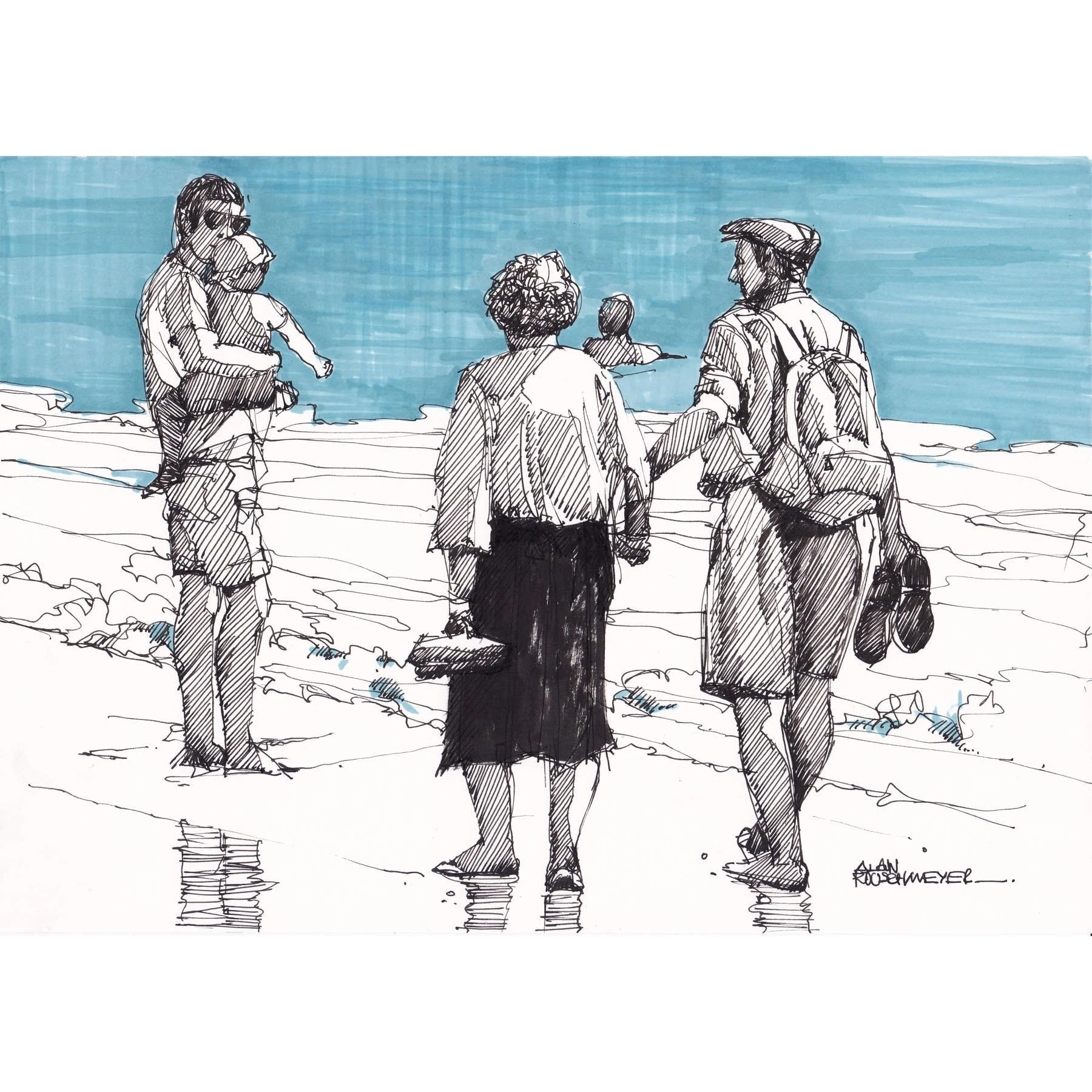 Le croquis initial d'une oeuvre sur toile de 60 x 60 cm "Les amoureux du bord de mer" par Alain Rouschmeyer