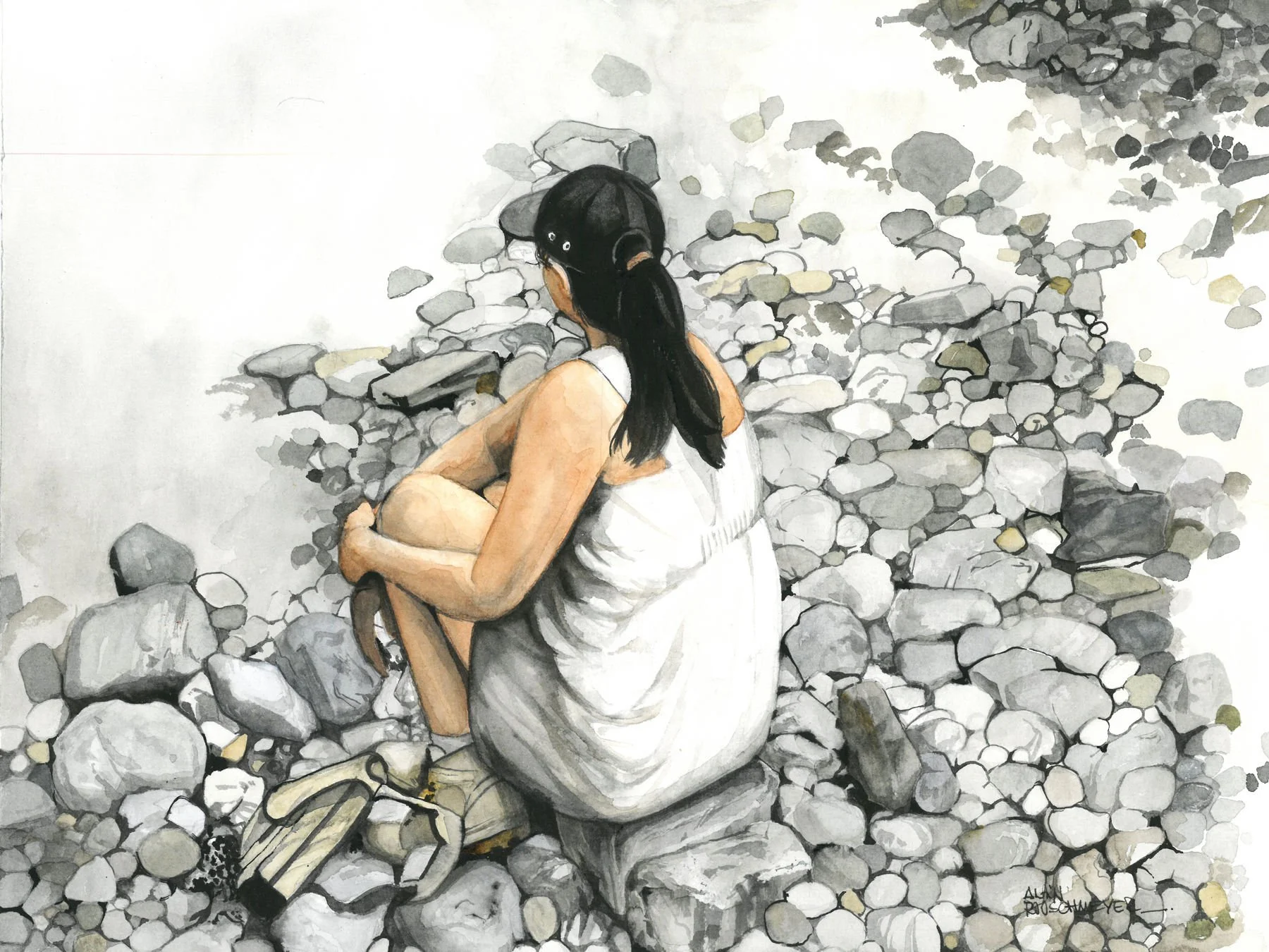 détail de l'aquarelle La pause de la randonneuse de l'artiste figuratif Alain Rouschmeyer