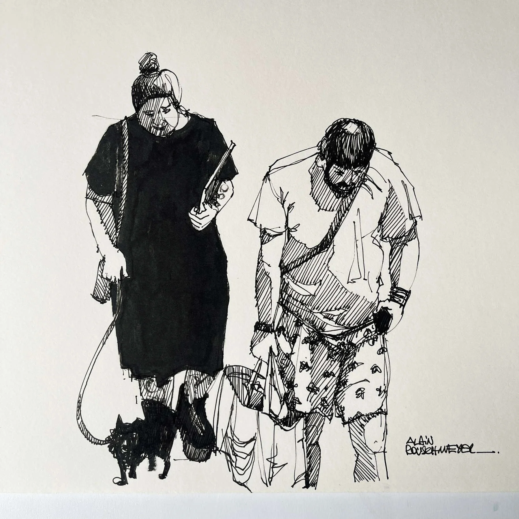 Photo du croquis Loulous - posture d'un couple marchant avec leur petit chien - Alain Rouschmeyer