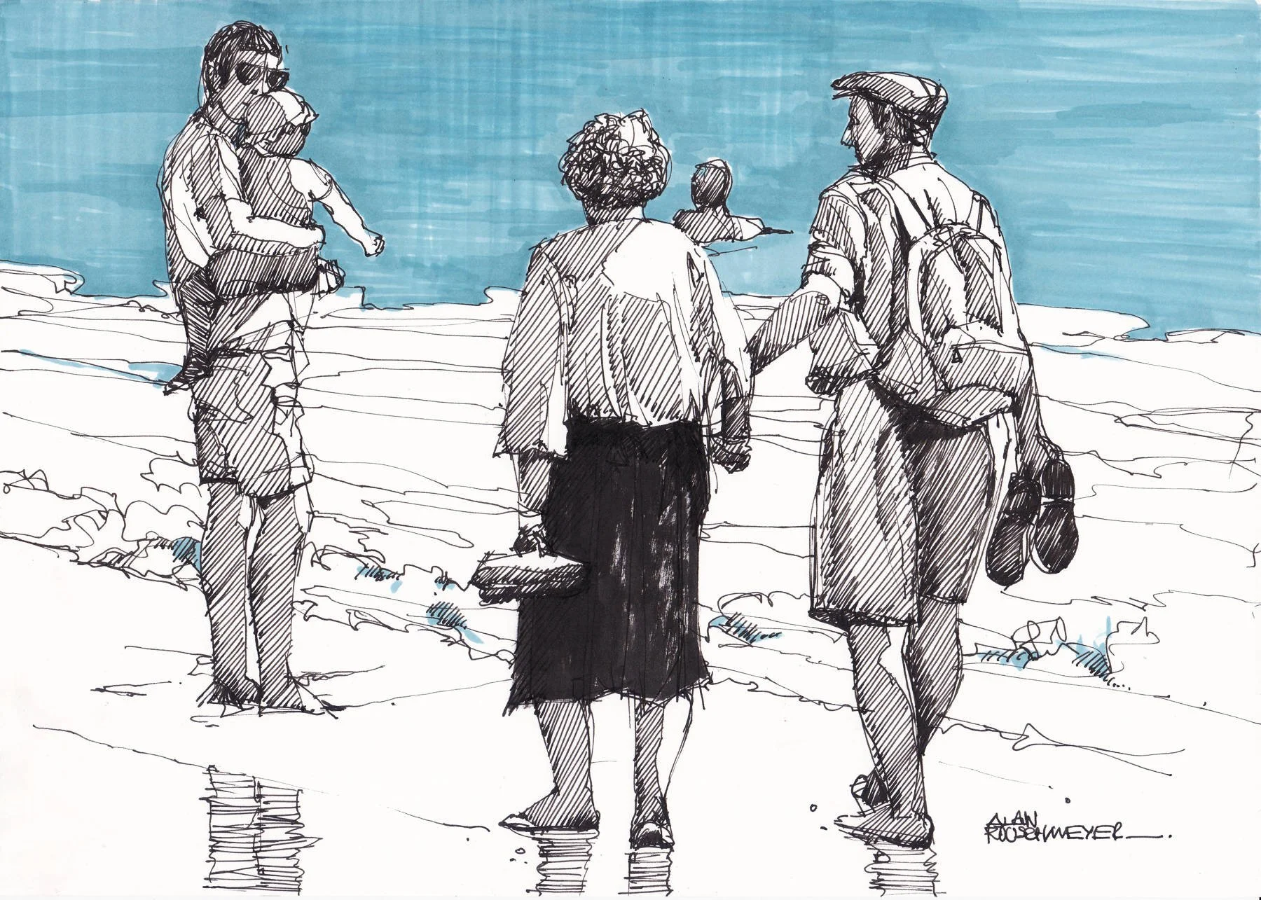 croquis plume et encre - posture familiale - couple senior en bord de mer