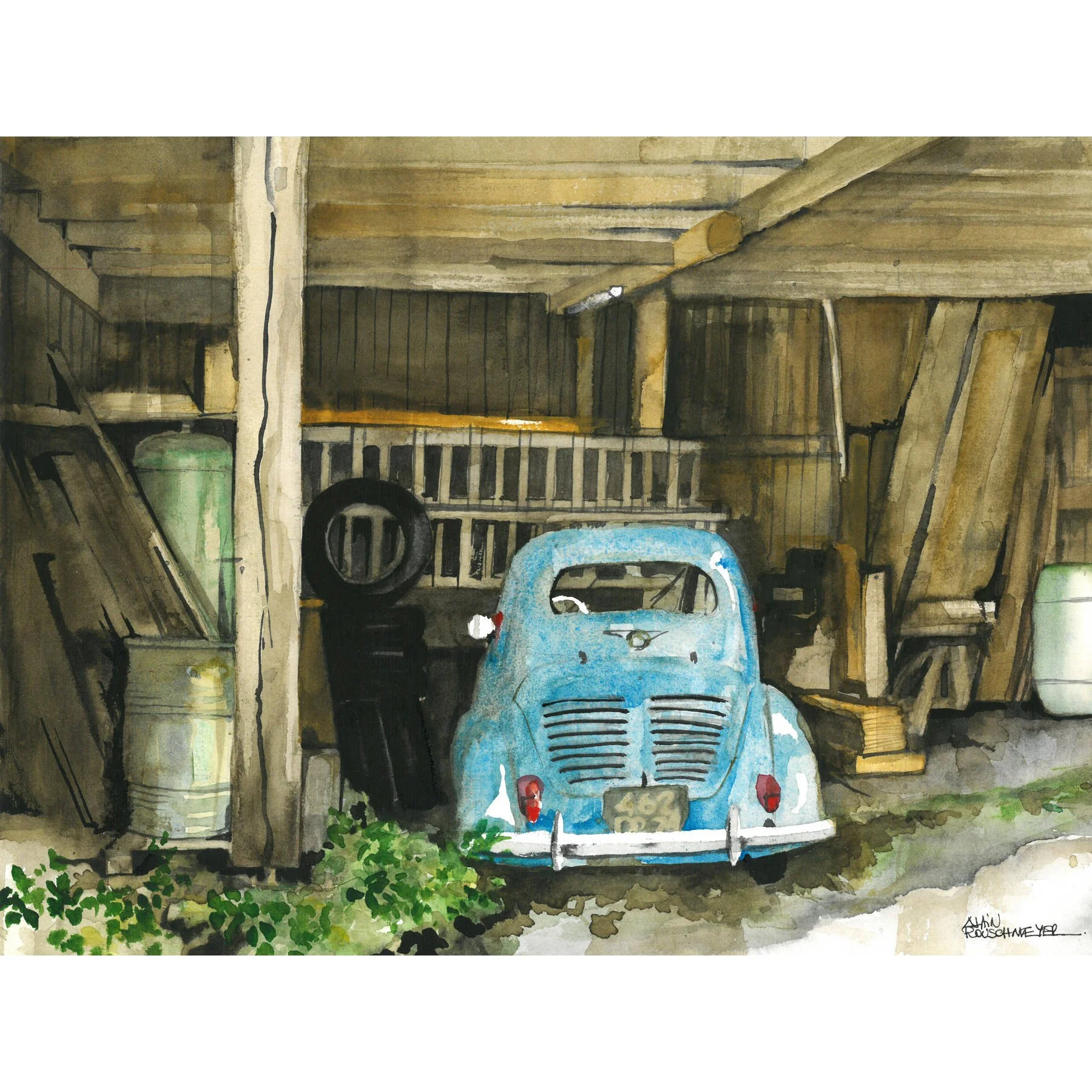 La vieille voiture, aquarelle figurative contemporaine représentant une ancienne voiture bleue dans un atelier rural par Alain Rouschmeyer