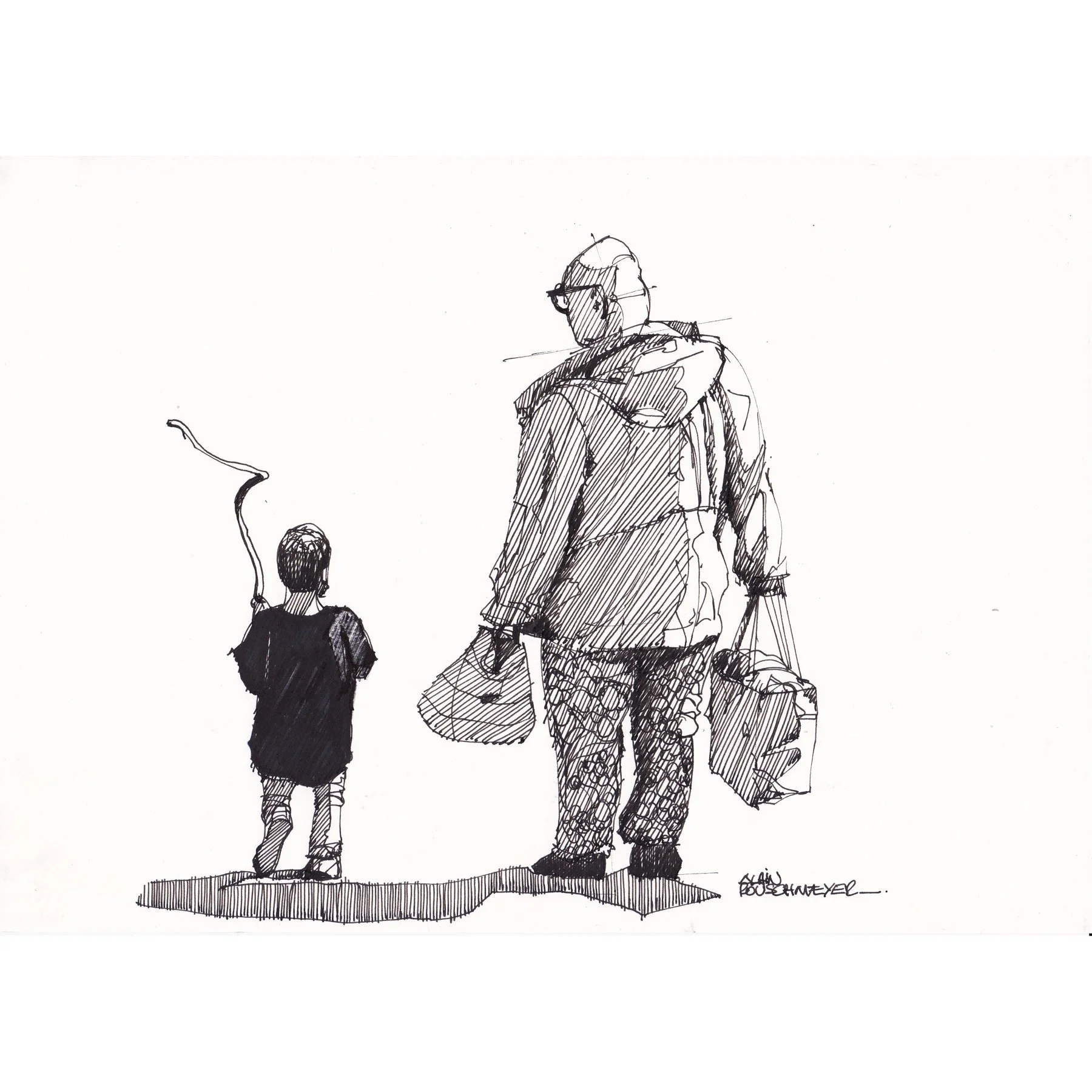 Week end papa un croquis à la plume qui illustre l'instant partagé d'un enfant avec son père-Alain Rouschmeyer
