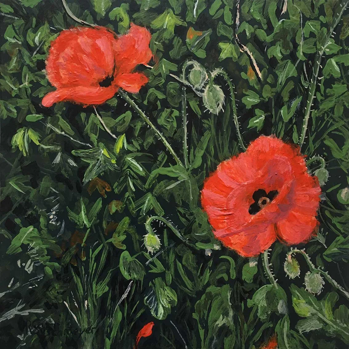 Small impressionist painting LIERRE ET COQUELICOTS by the artist Camille Rouschmeyer