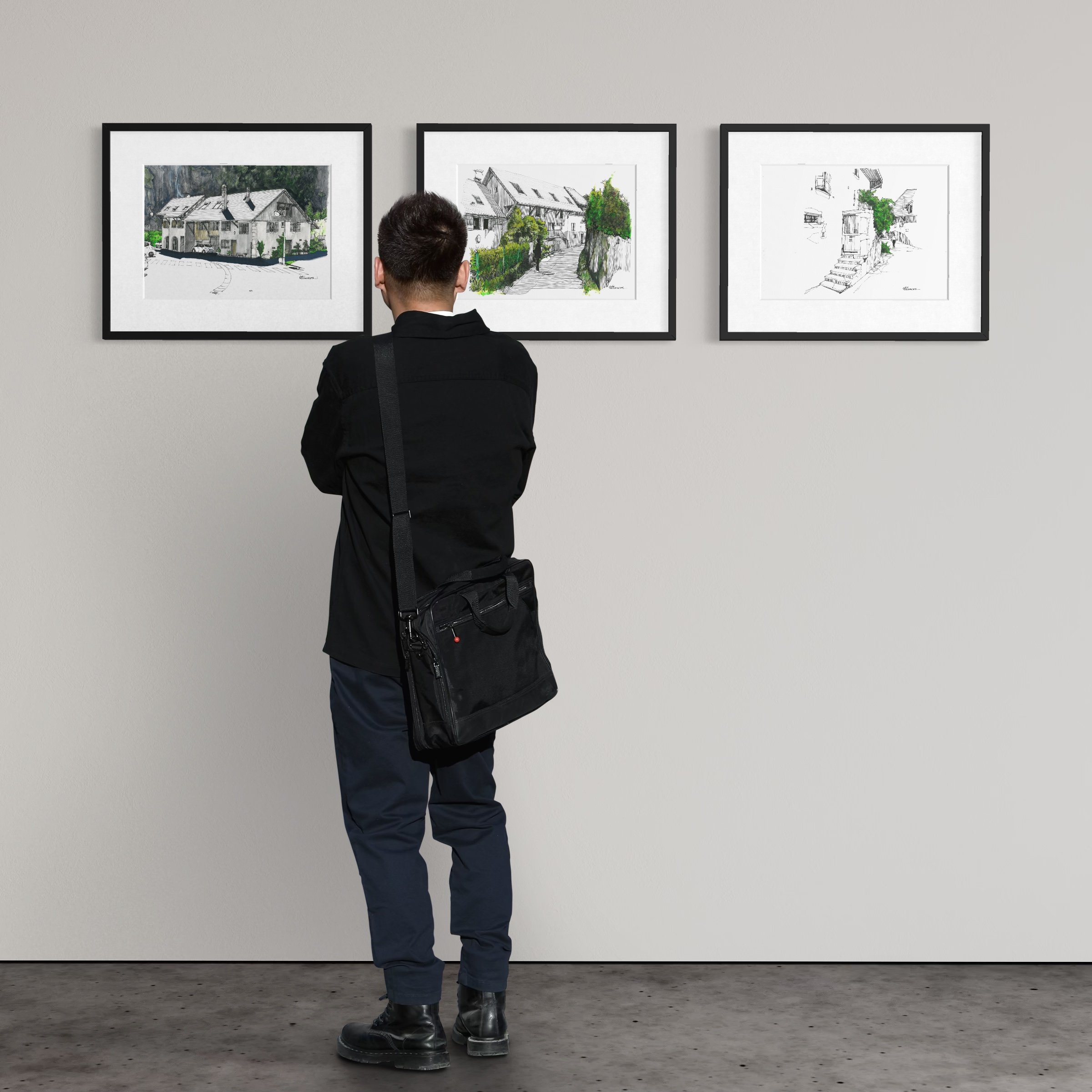 Display of three original works on paper by contemporary figurative artist Alain Rouschmeyer.