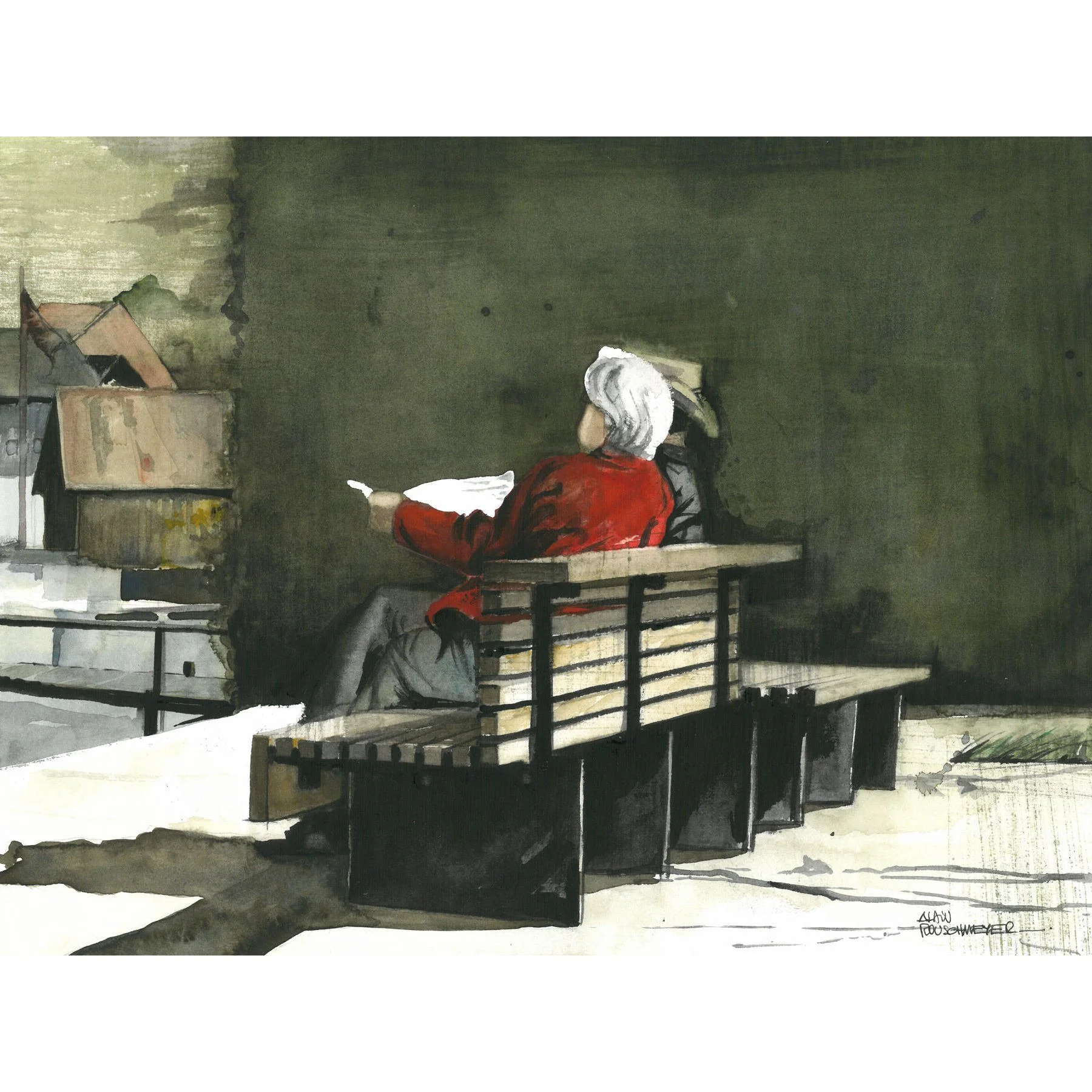 Good morning une aquarelle 30 x 40 qui présent un couple assis sur le banc de Duingt en Haute Savoie - une oeuvre de l'artiste figuratif Alain Rouschmeyer.jpg
