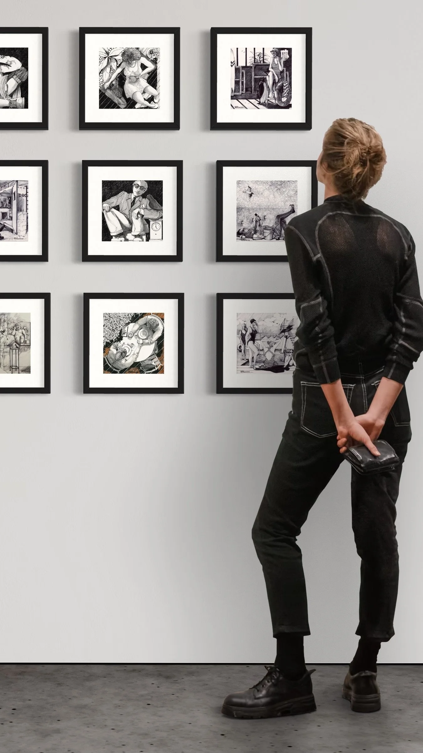 une jeune femme découvre la collection de dessin et croquis d'un artiste - Alain Rouschmeyer